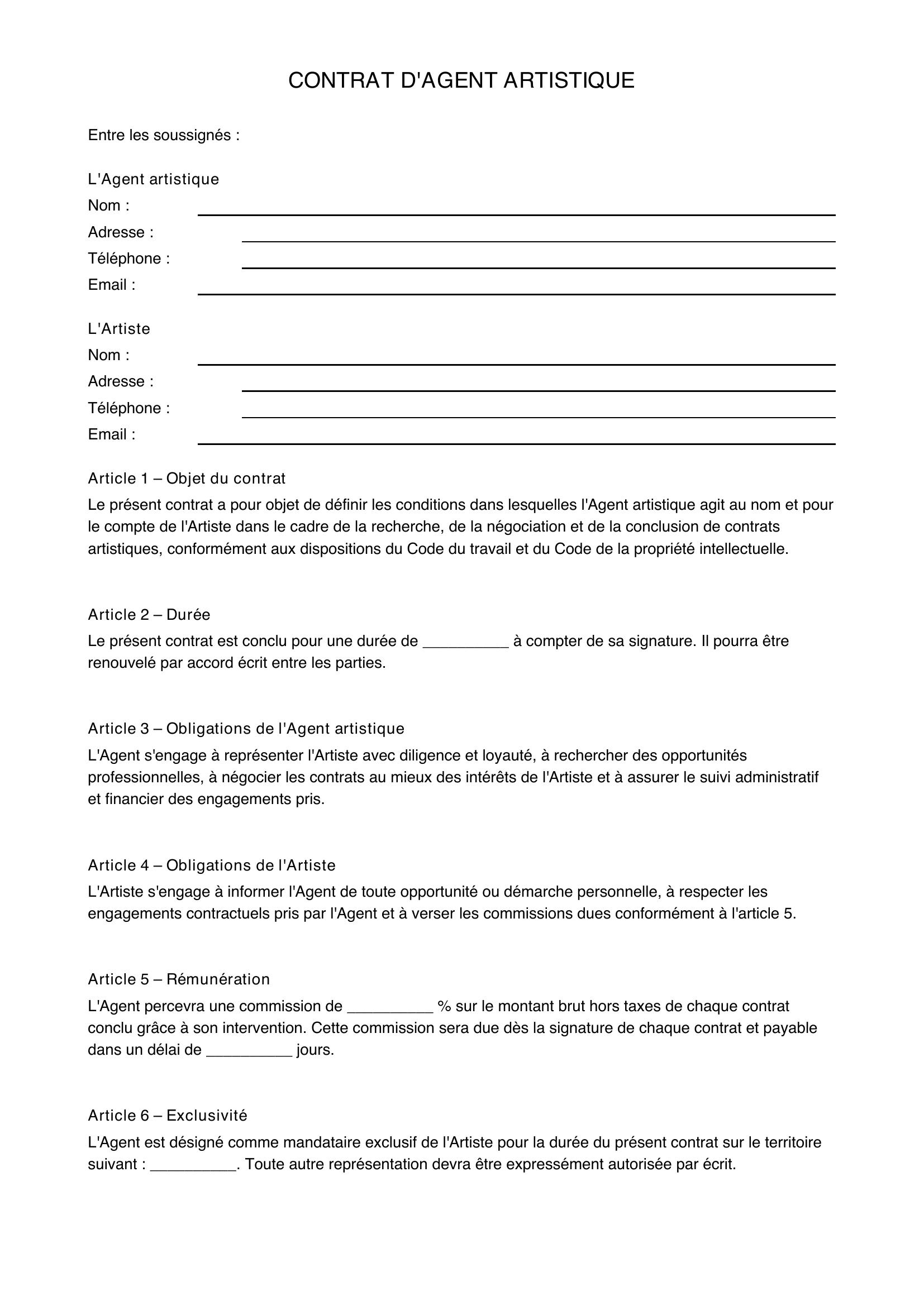 Contrat Agent Artistique