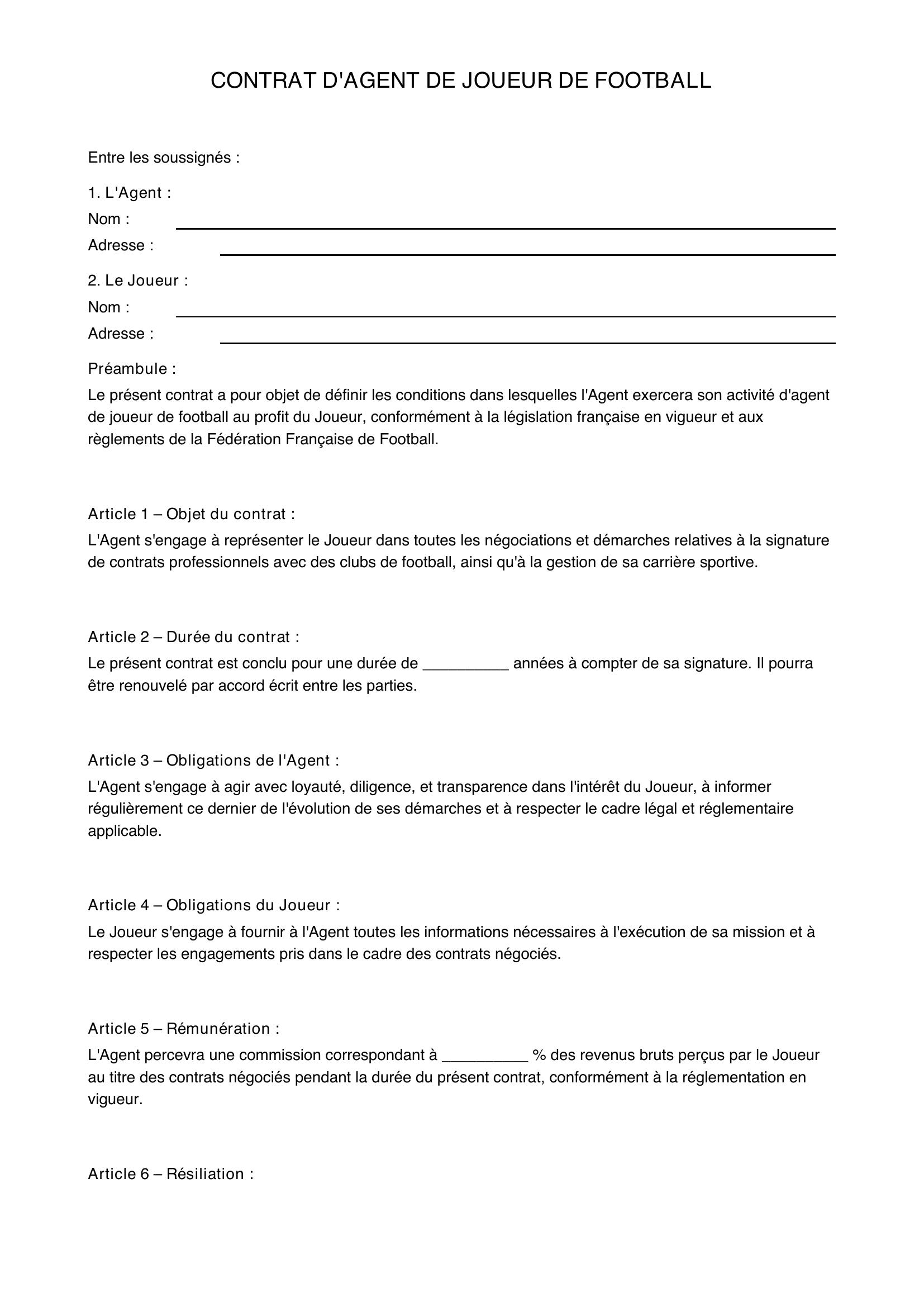 Contrat Agent De Joueur De Football