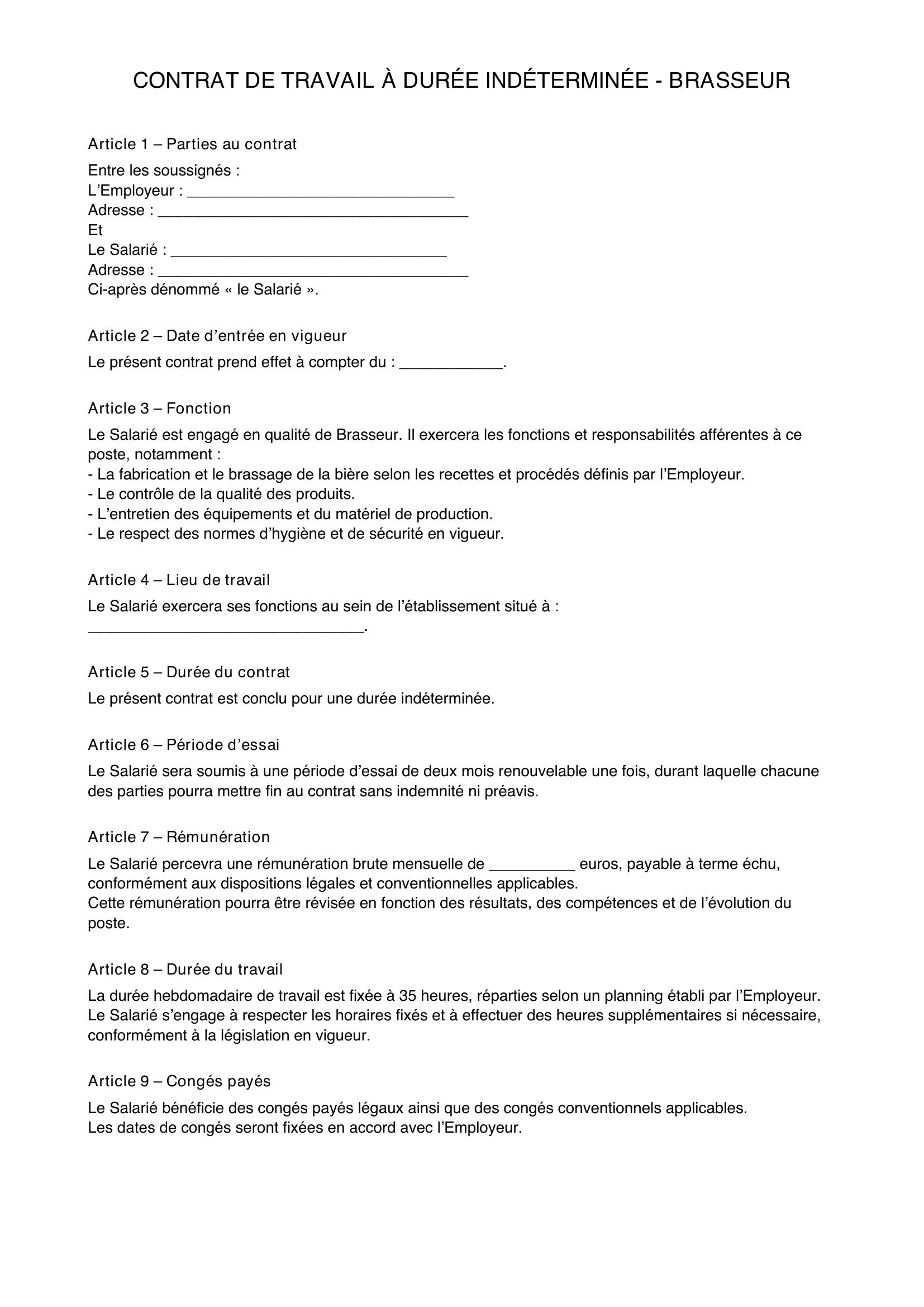 Modèle Contrat Brasseur