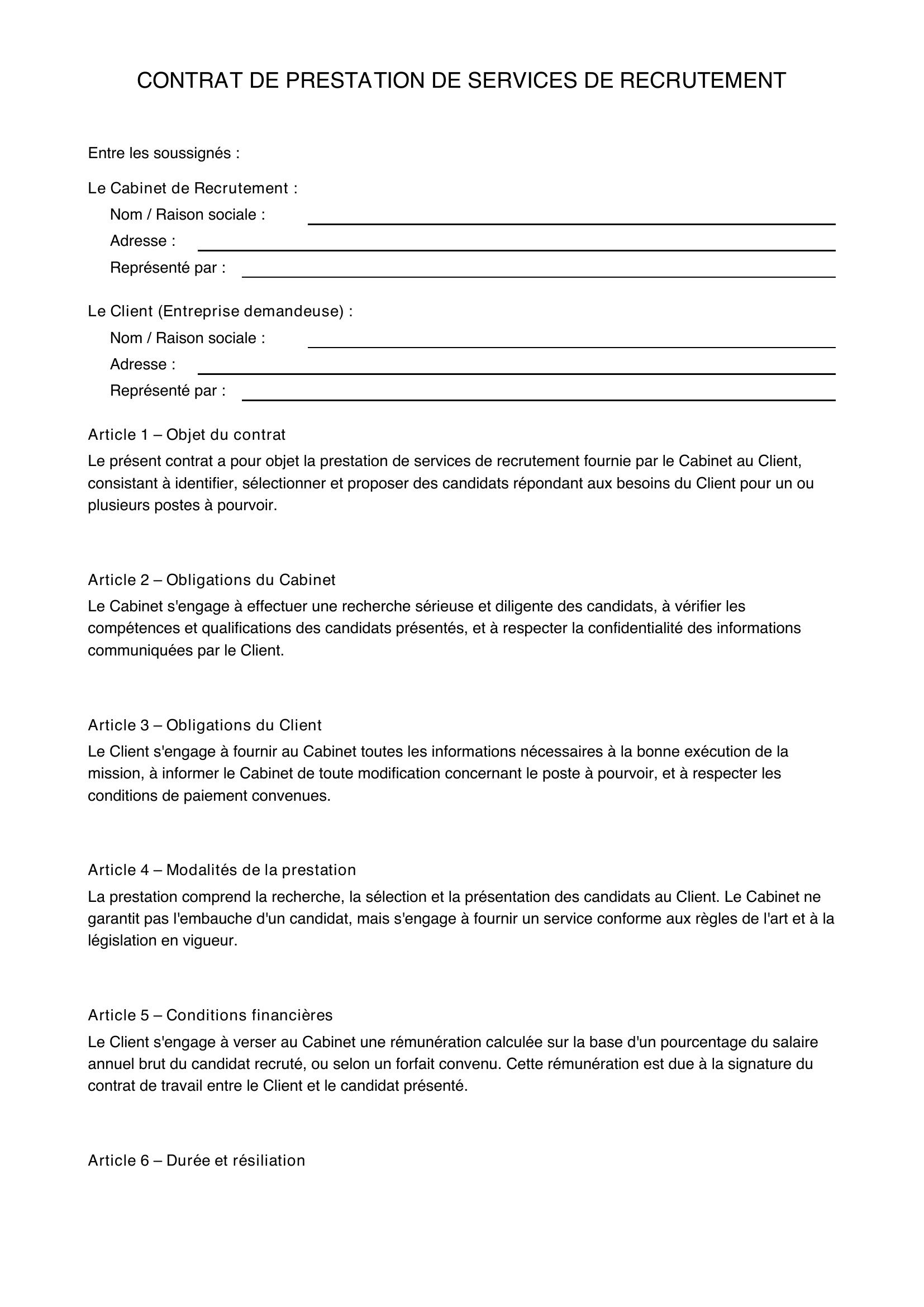 Modèle Contrat Cabinet De Recrutement