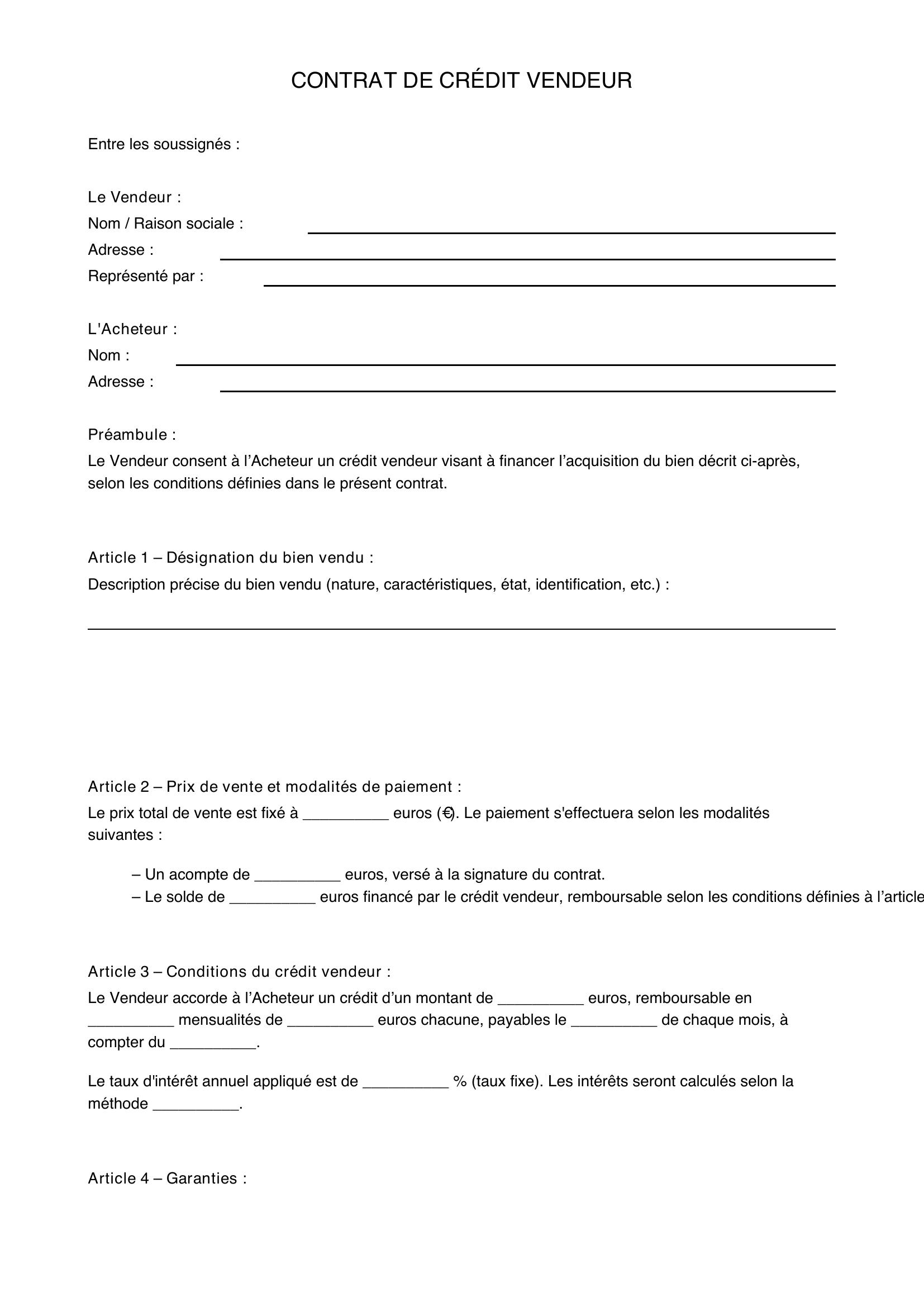 Modèle De Contrat Crédit Vendeur