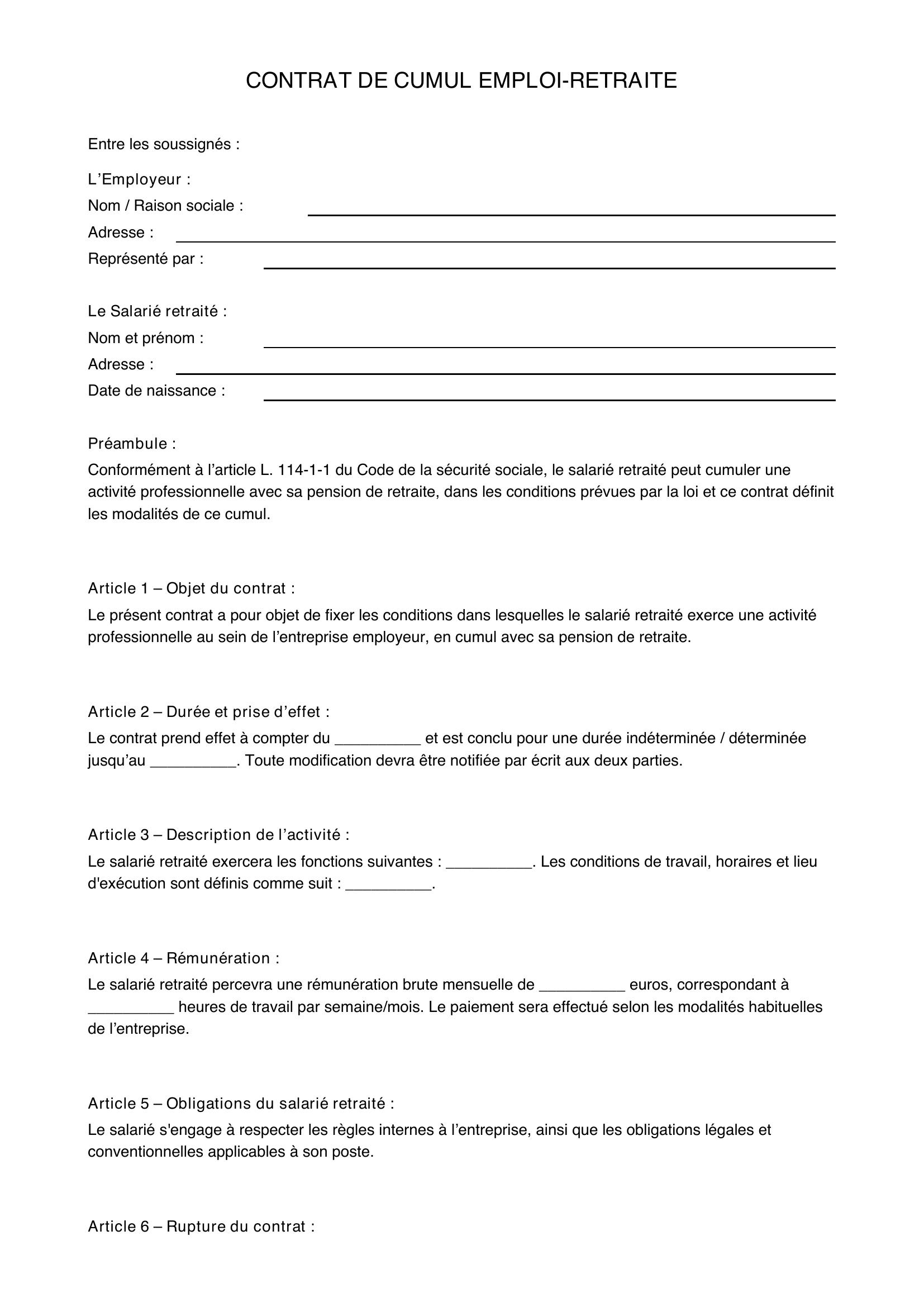 Modèle Contrat Cumul Emploi-Retraite