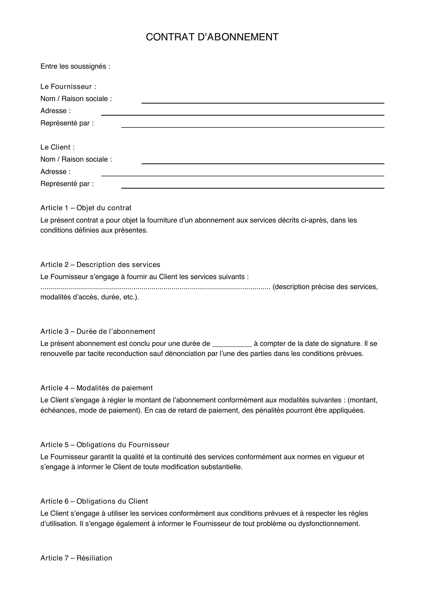 Contrat D'Abonnement Exemple