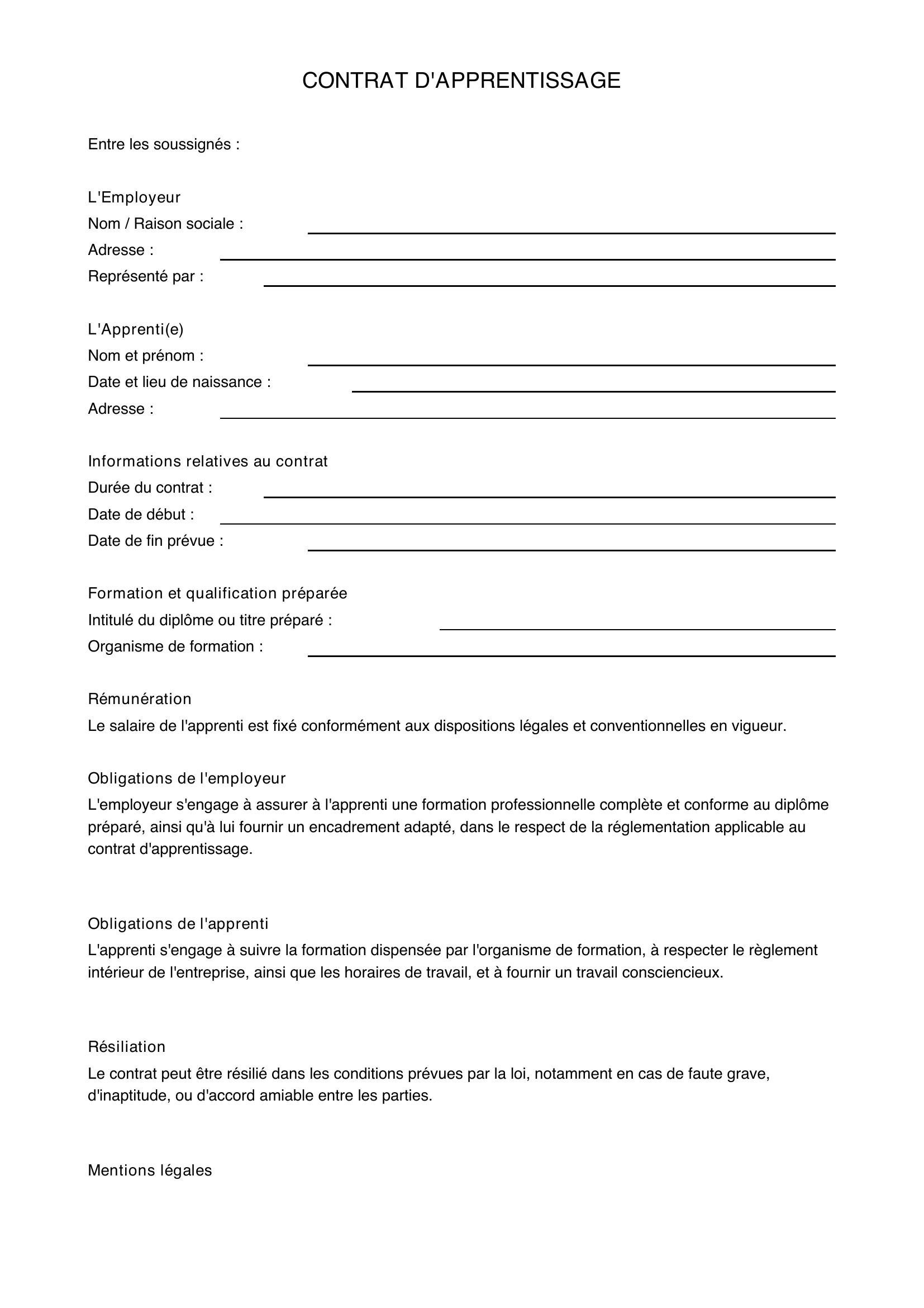Modèle De Contrat D'Apprentissage