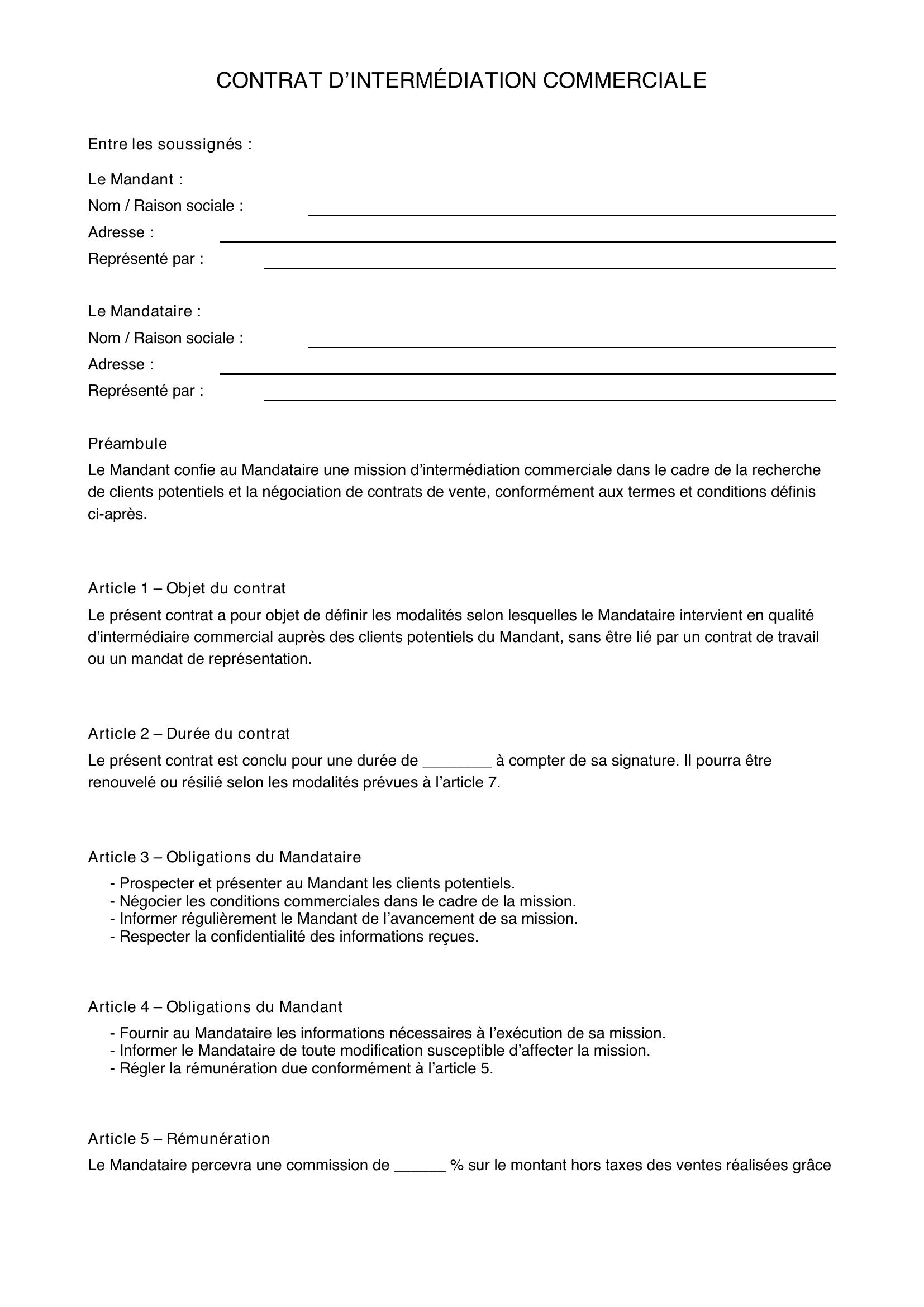 Modèle De Contrat D'Intermédiation Commerciale