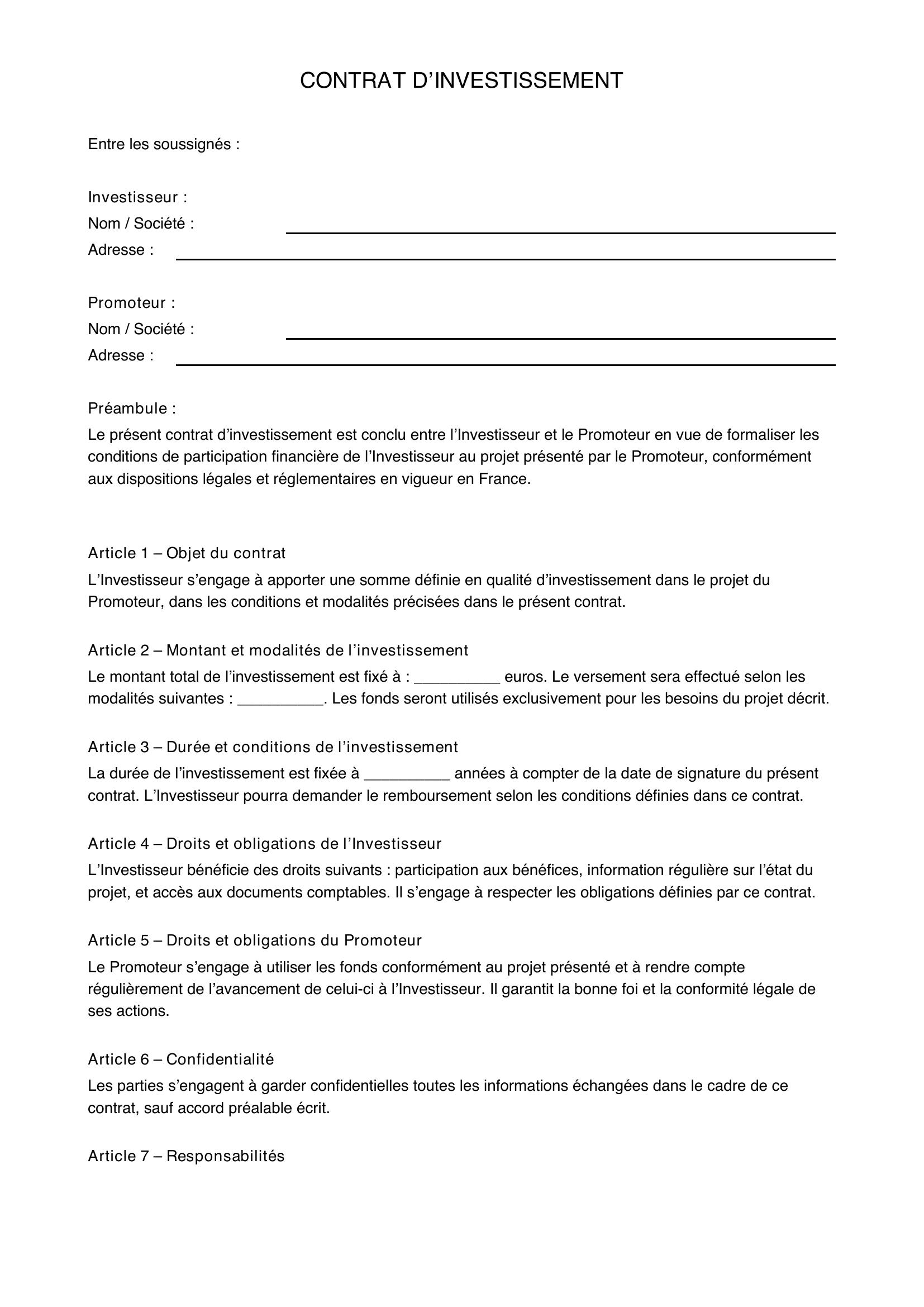 Contrat D'Investissement Modèle