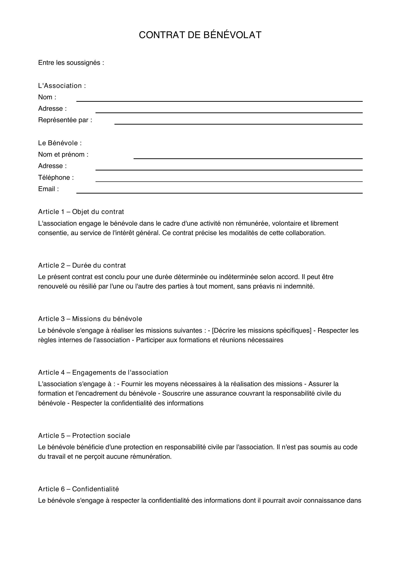 Contrat De Bénévolat