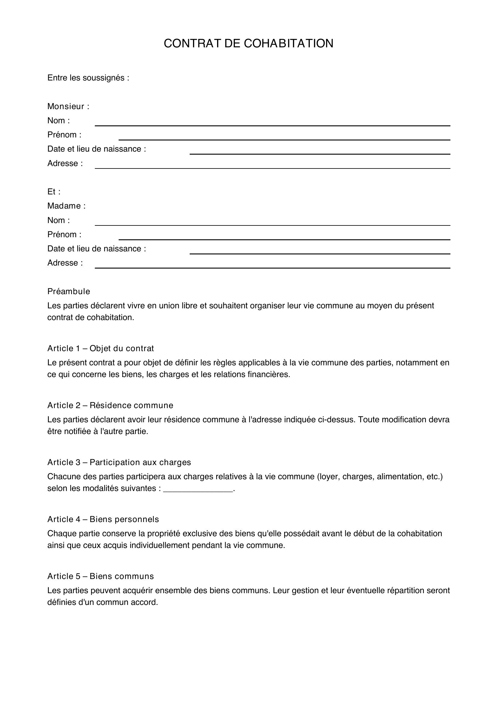 Contrat De Cohabitation Exemple