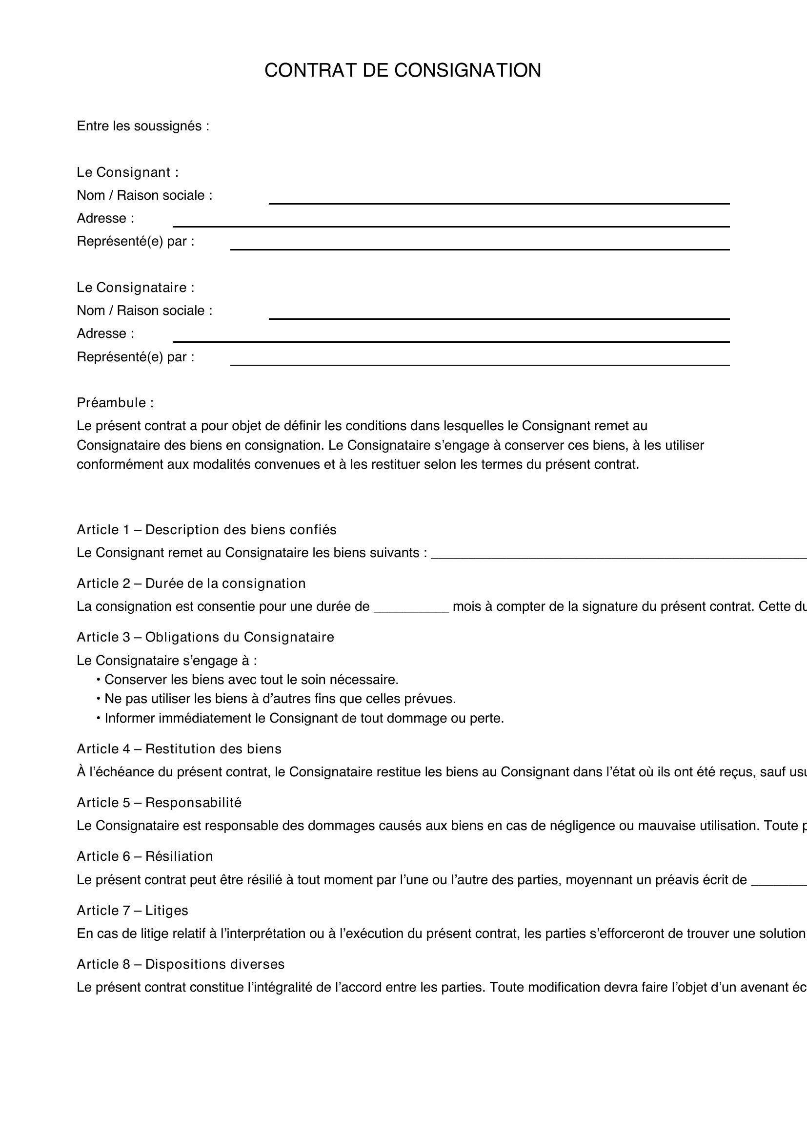 Contrat De Consignation Modèle