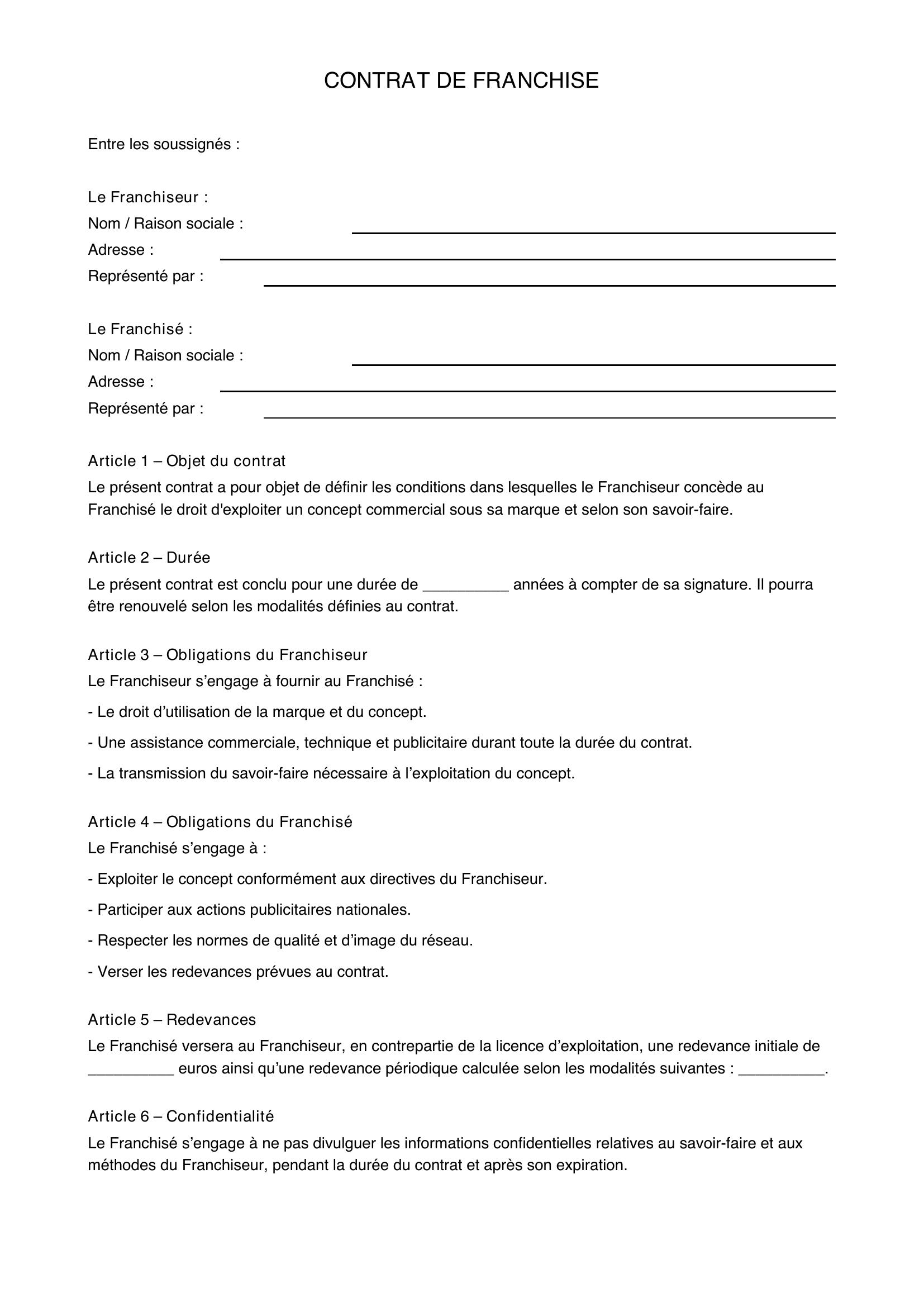 Modèle Contrat De Franchise