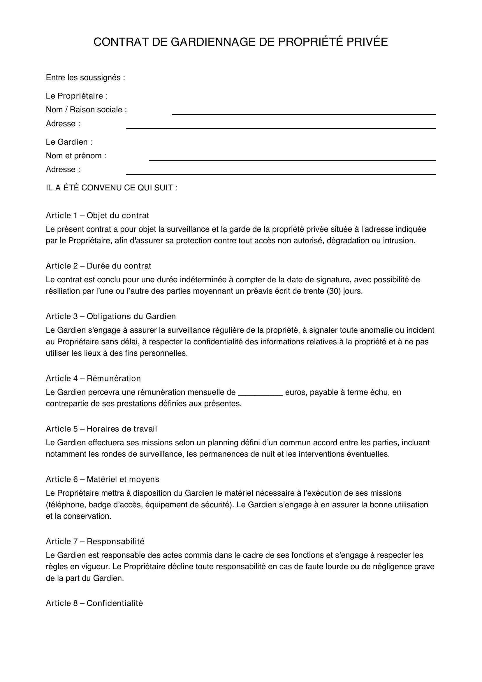 Contrat De Gardiennage De Propriété Privée