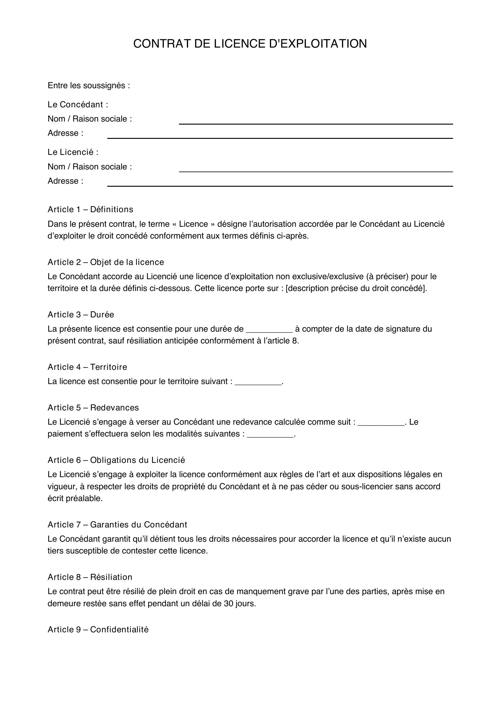 Modèle Contrat De Licence D'Exploitation