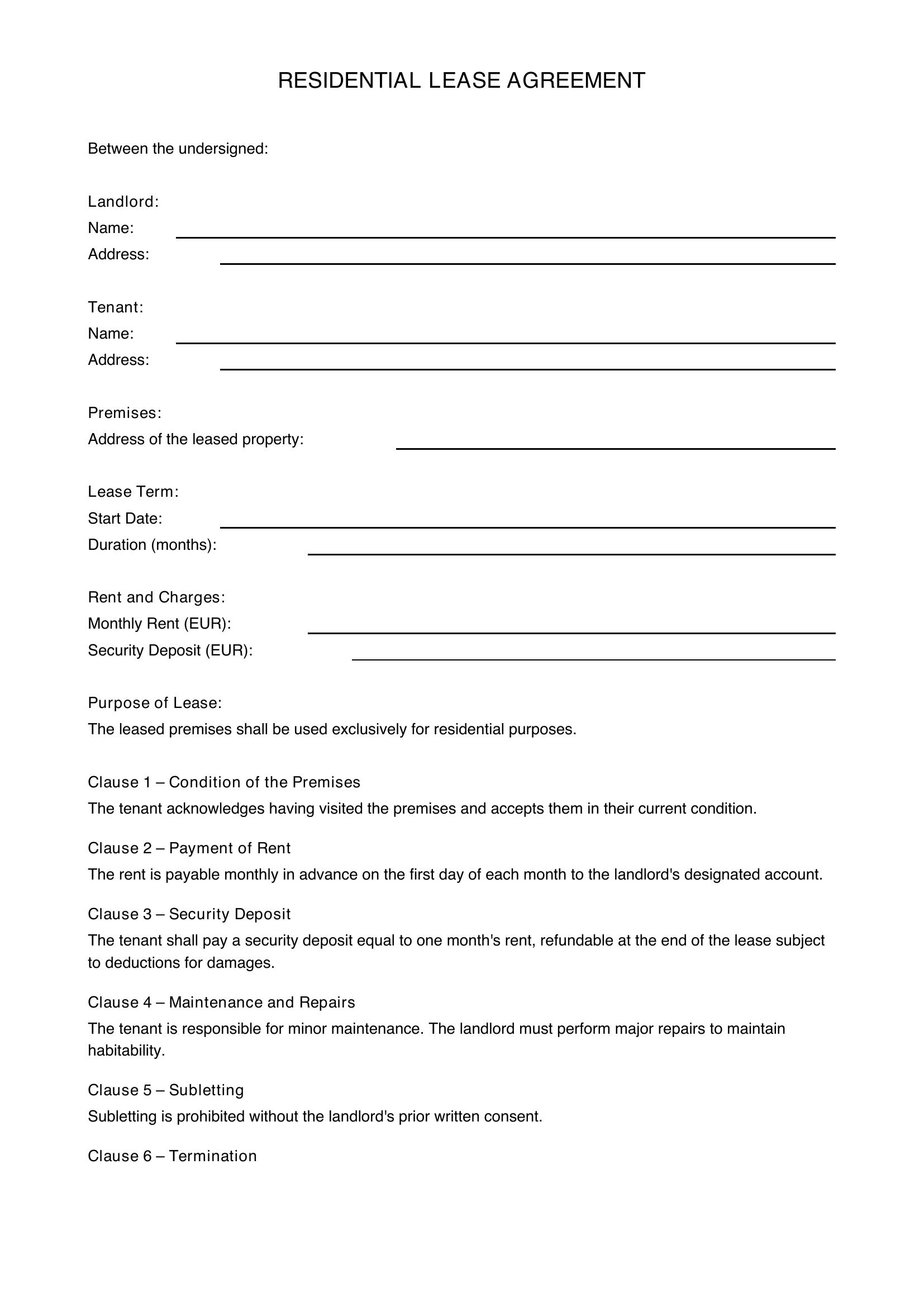 Modèle De Contrat De Location En Anglais