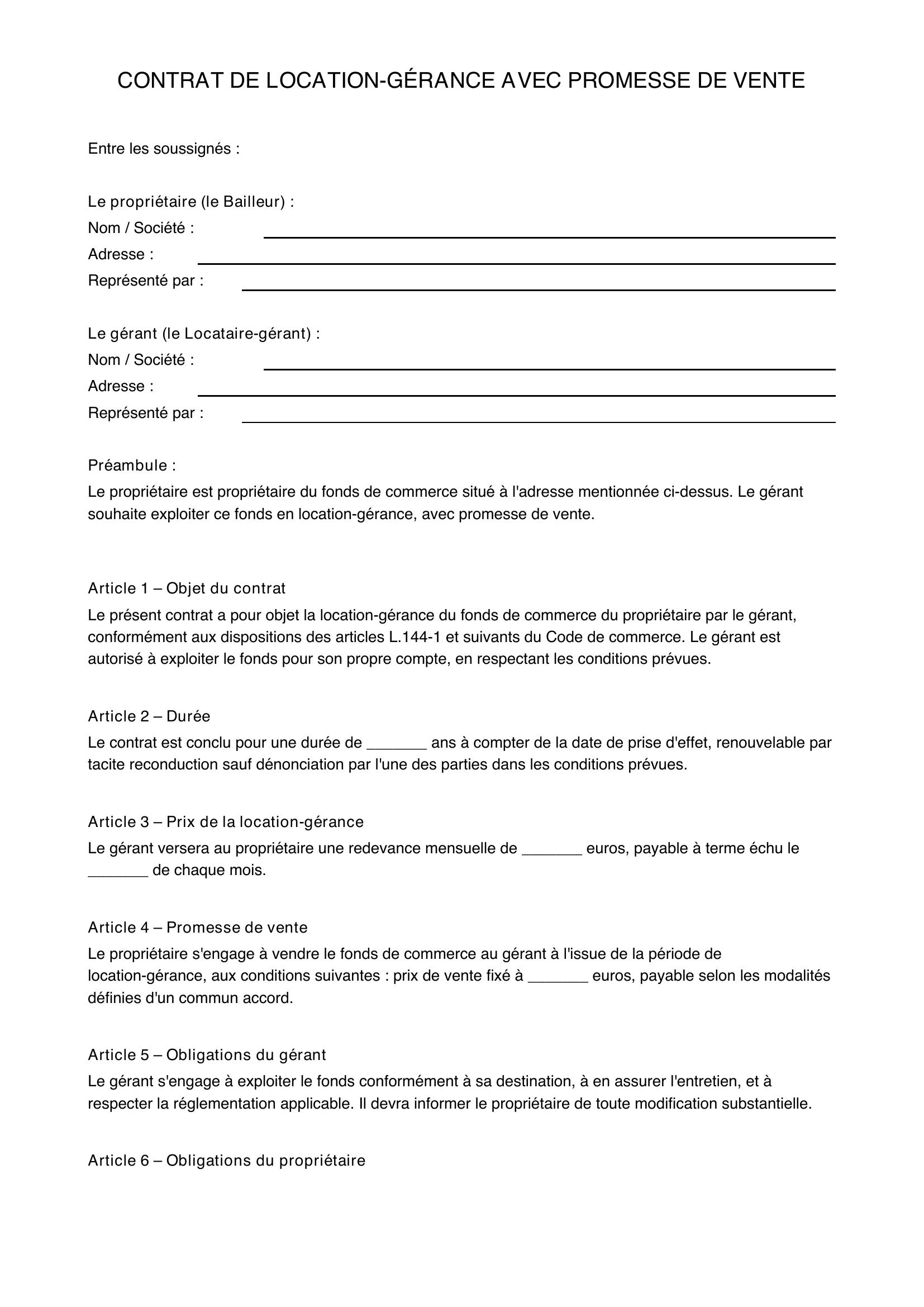 Modèle De Contrat De Location-Gérance Avec Promesse De Vente