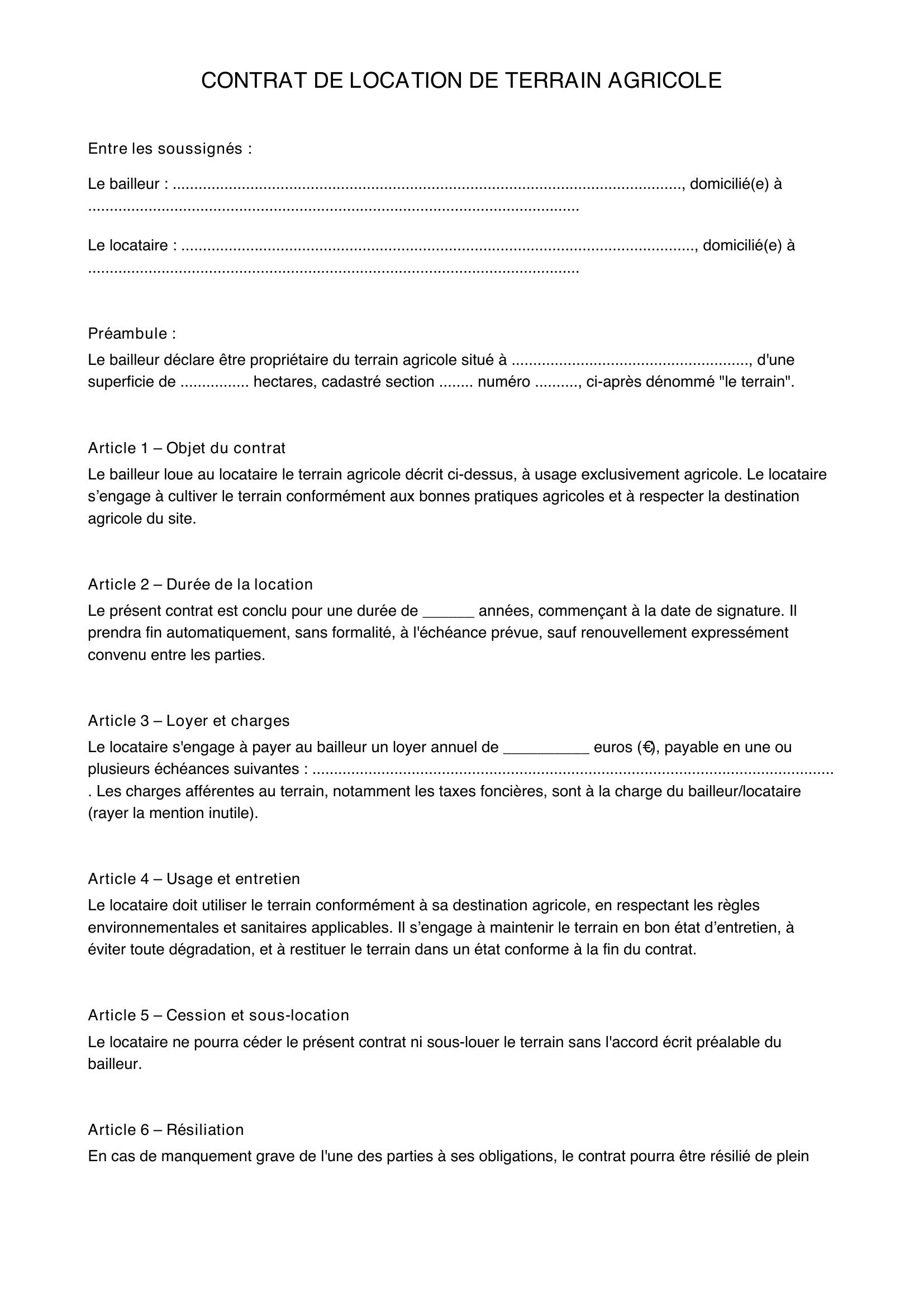 Contrat De Location Terrain Agricole