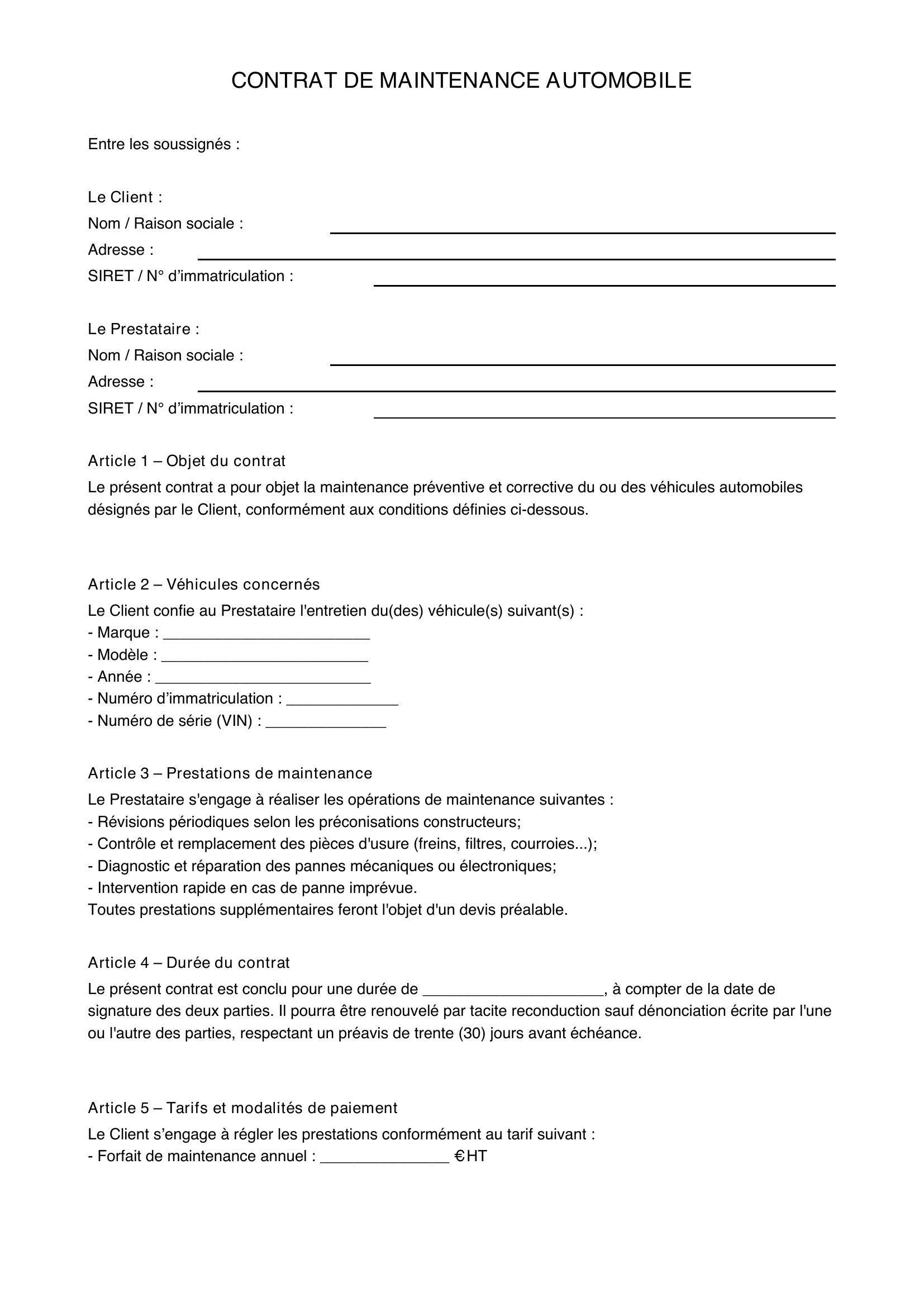 Contrat De Maintenance Automobile