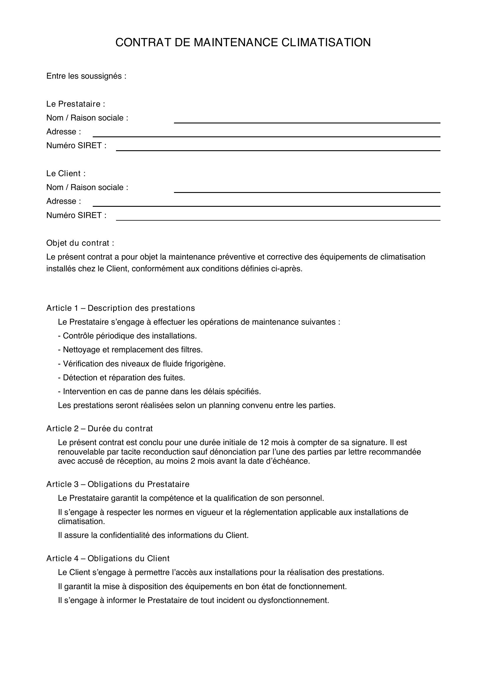 Modèle Contrat De Maintenance Climatisation