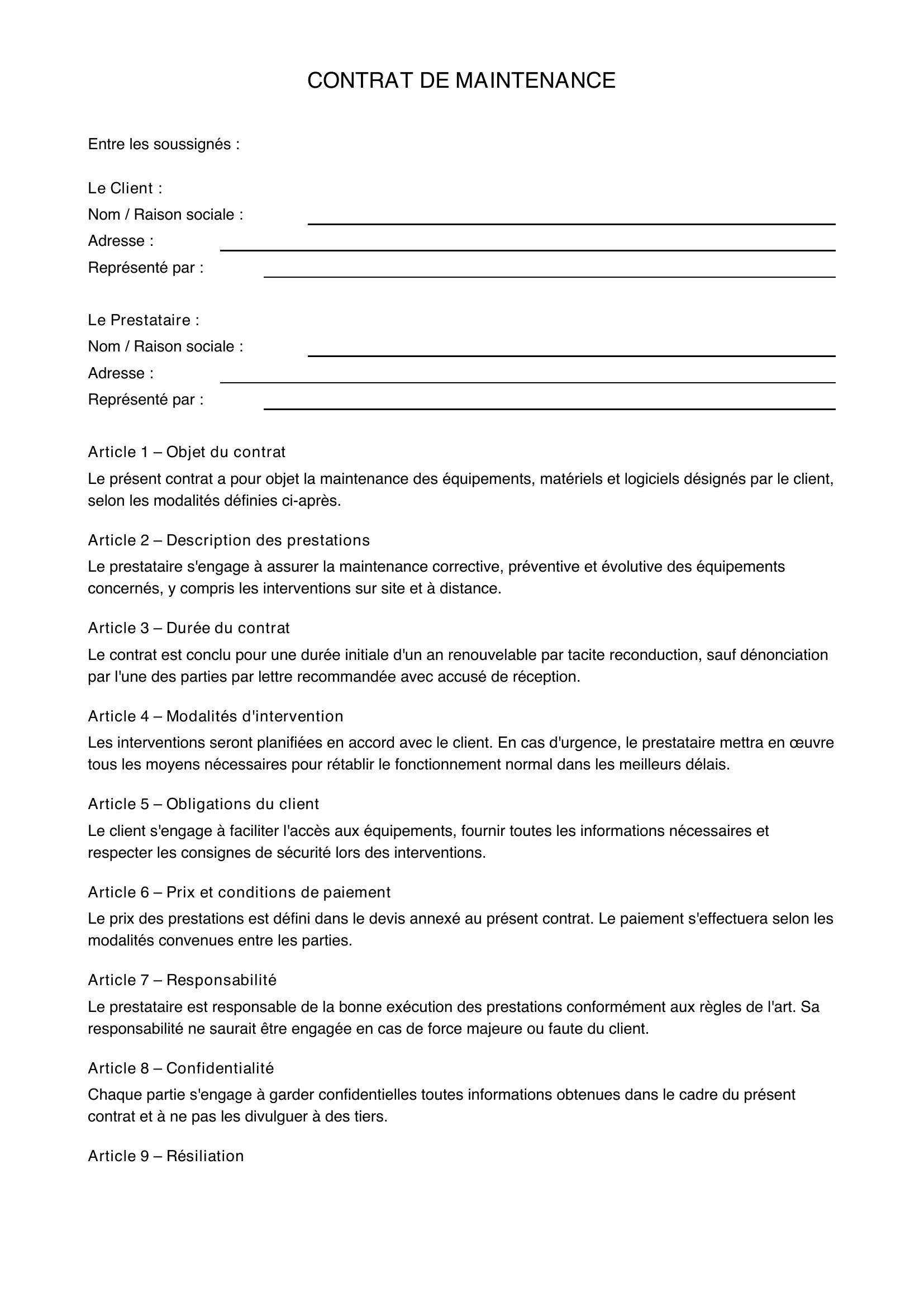 Modèle Contrat De Maintenance