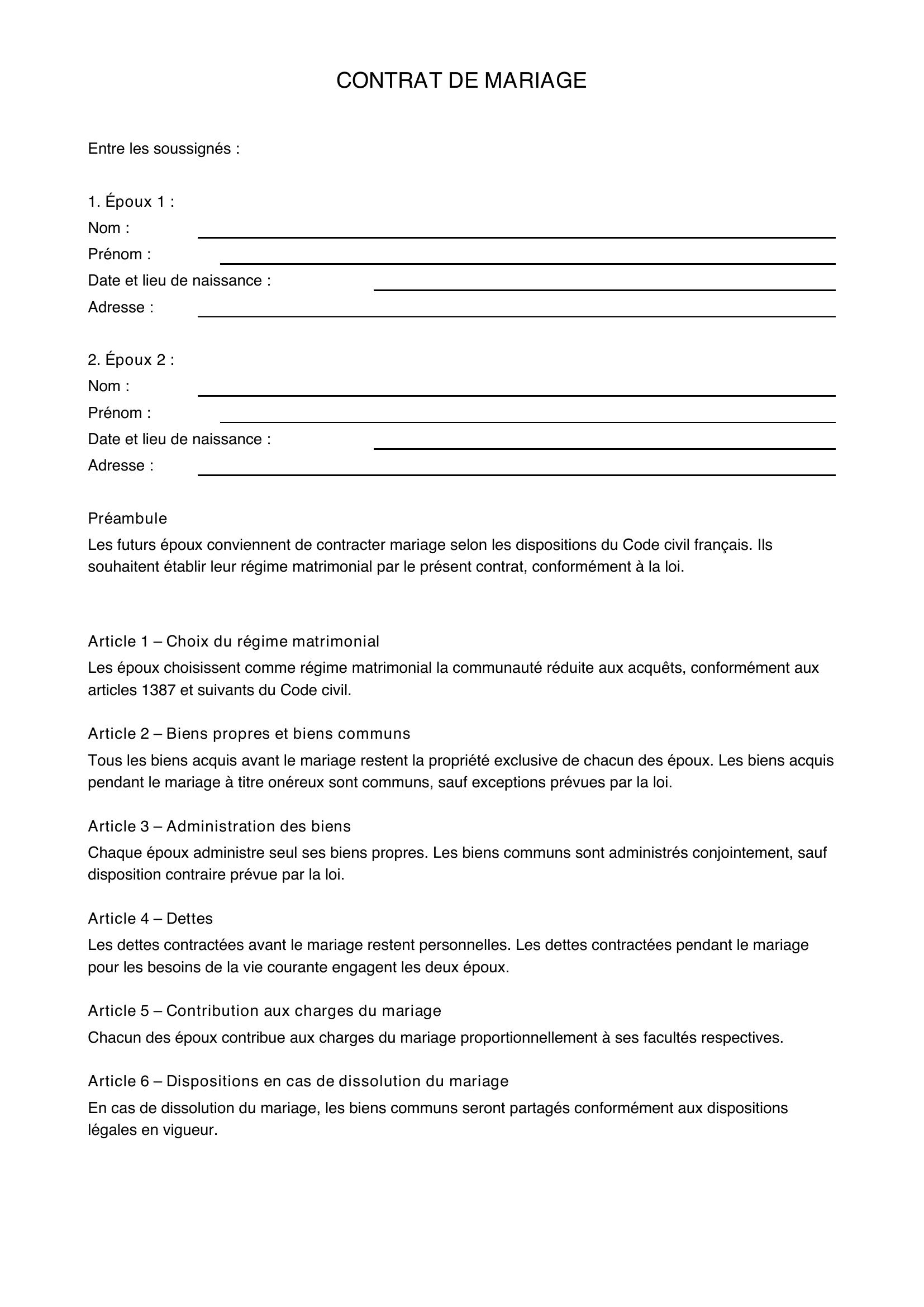 Contrat De Mariage Exemple