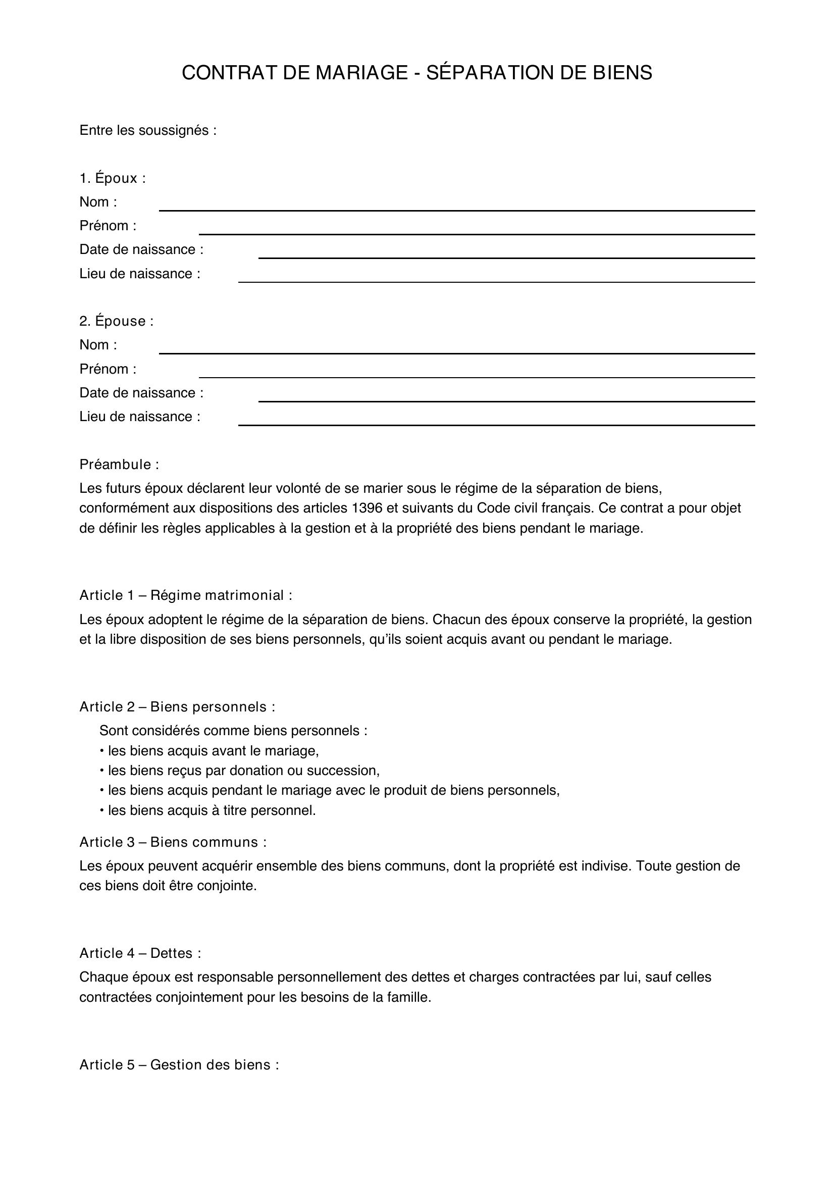 Modèle Contrat De Mariage Séparation De Biens