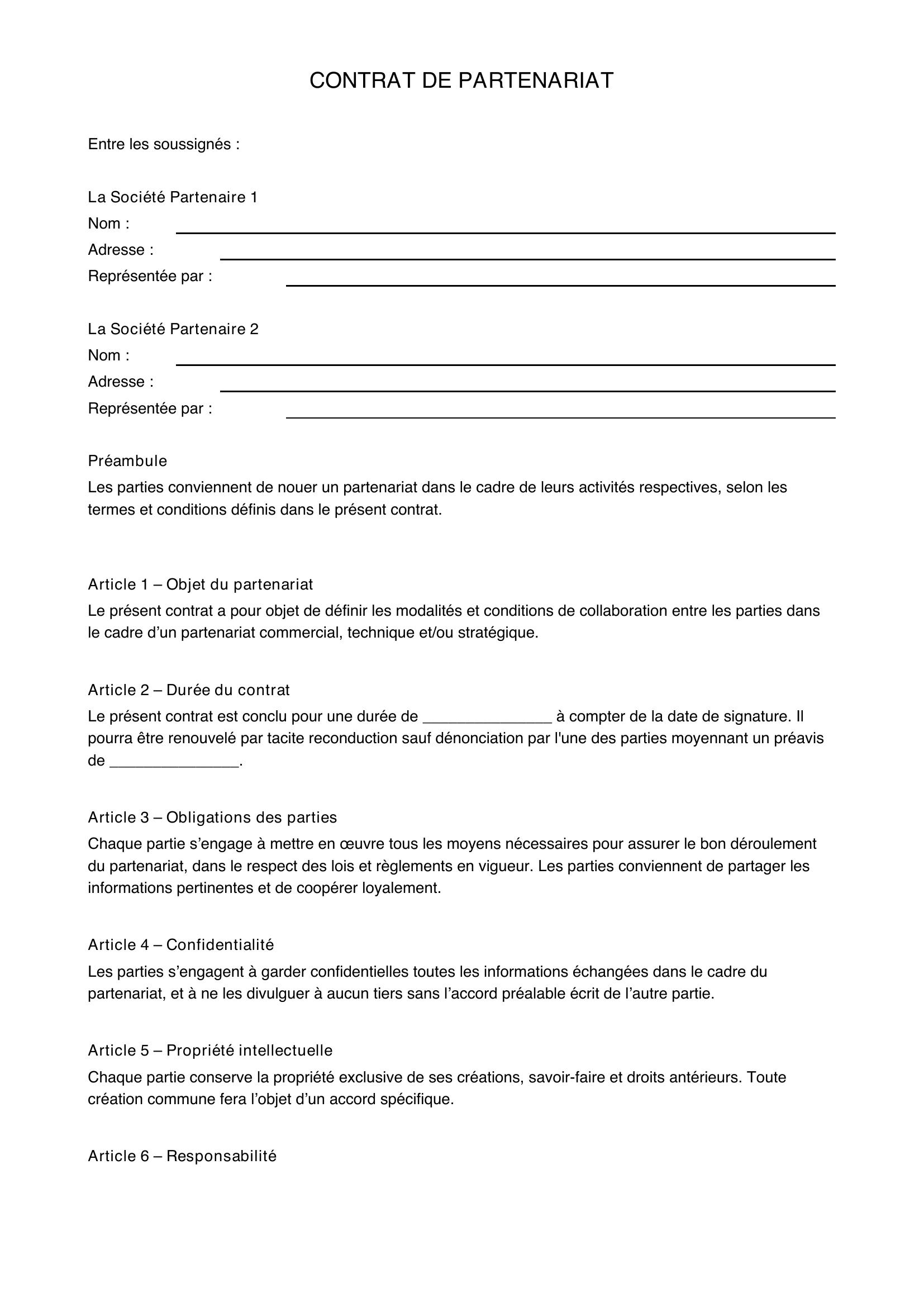 Exemple Contrat De Partenariat Simple