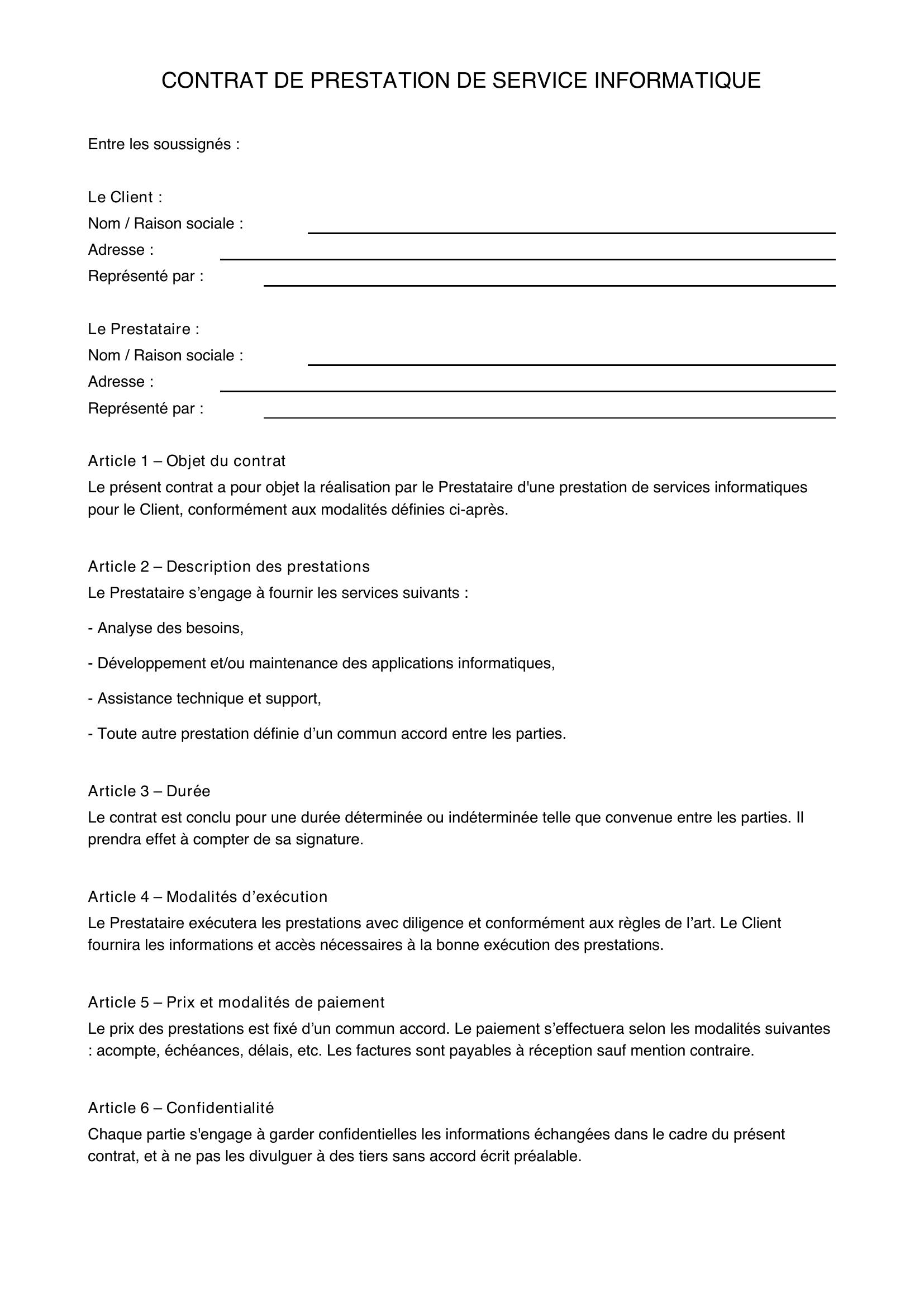 Modèle De Contrat De Prestation De Service Informatique