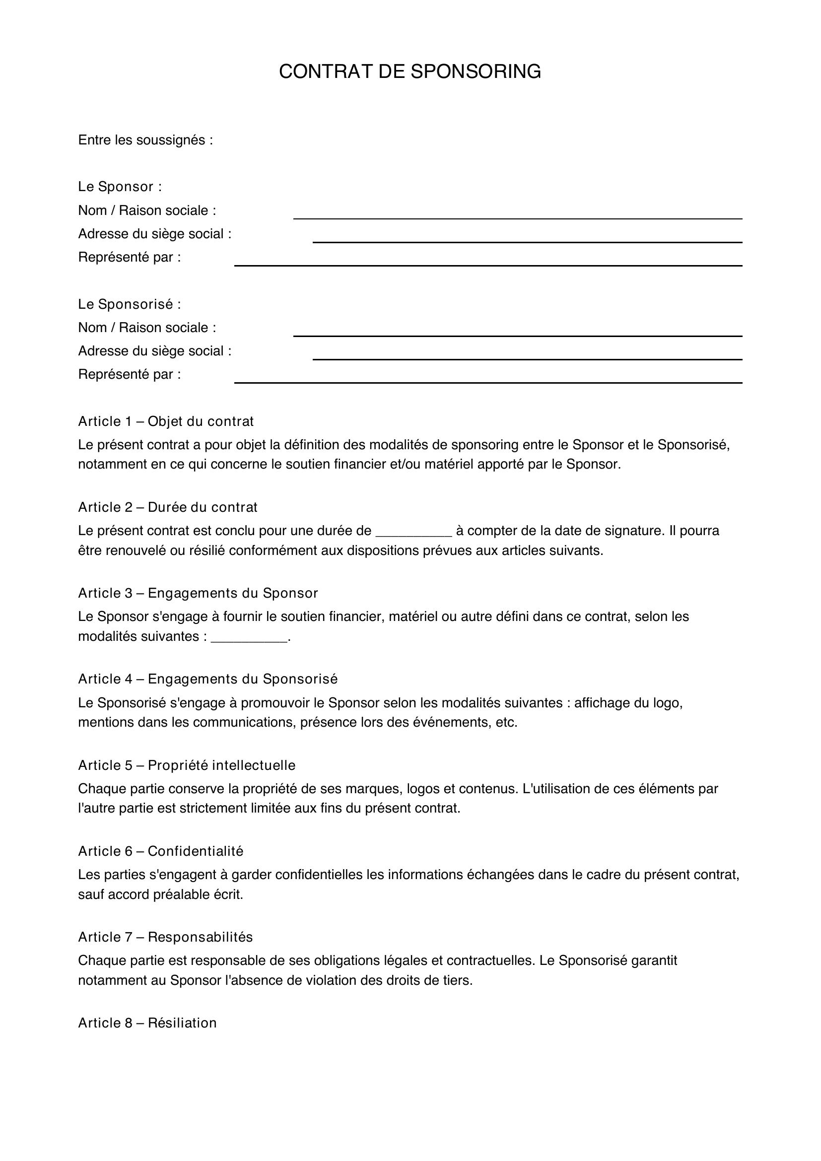 Modèle De Contrat De Sponsoring