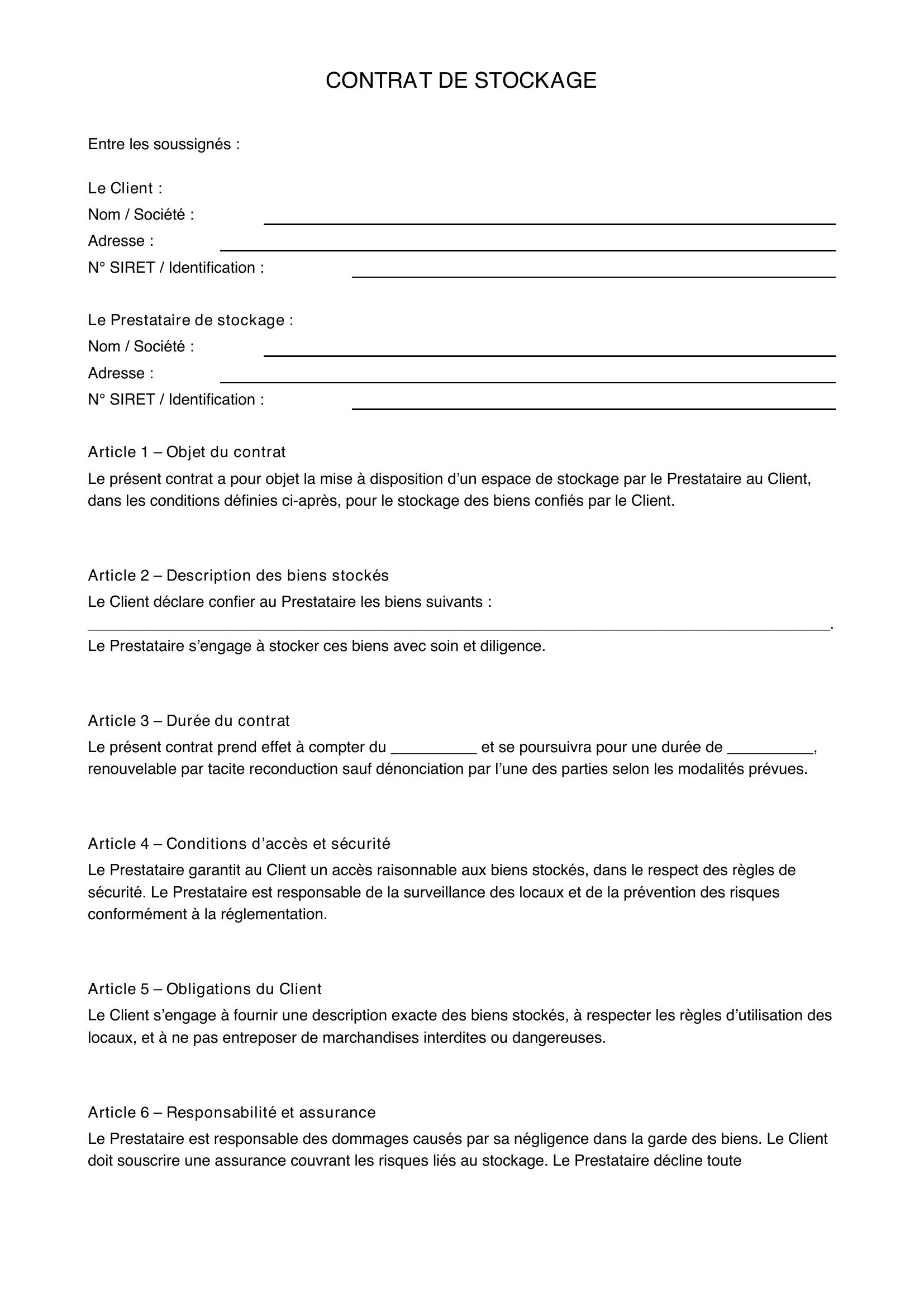 Modèle De Contrat De Stockage