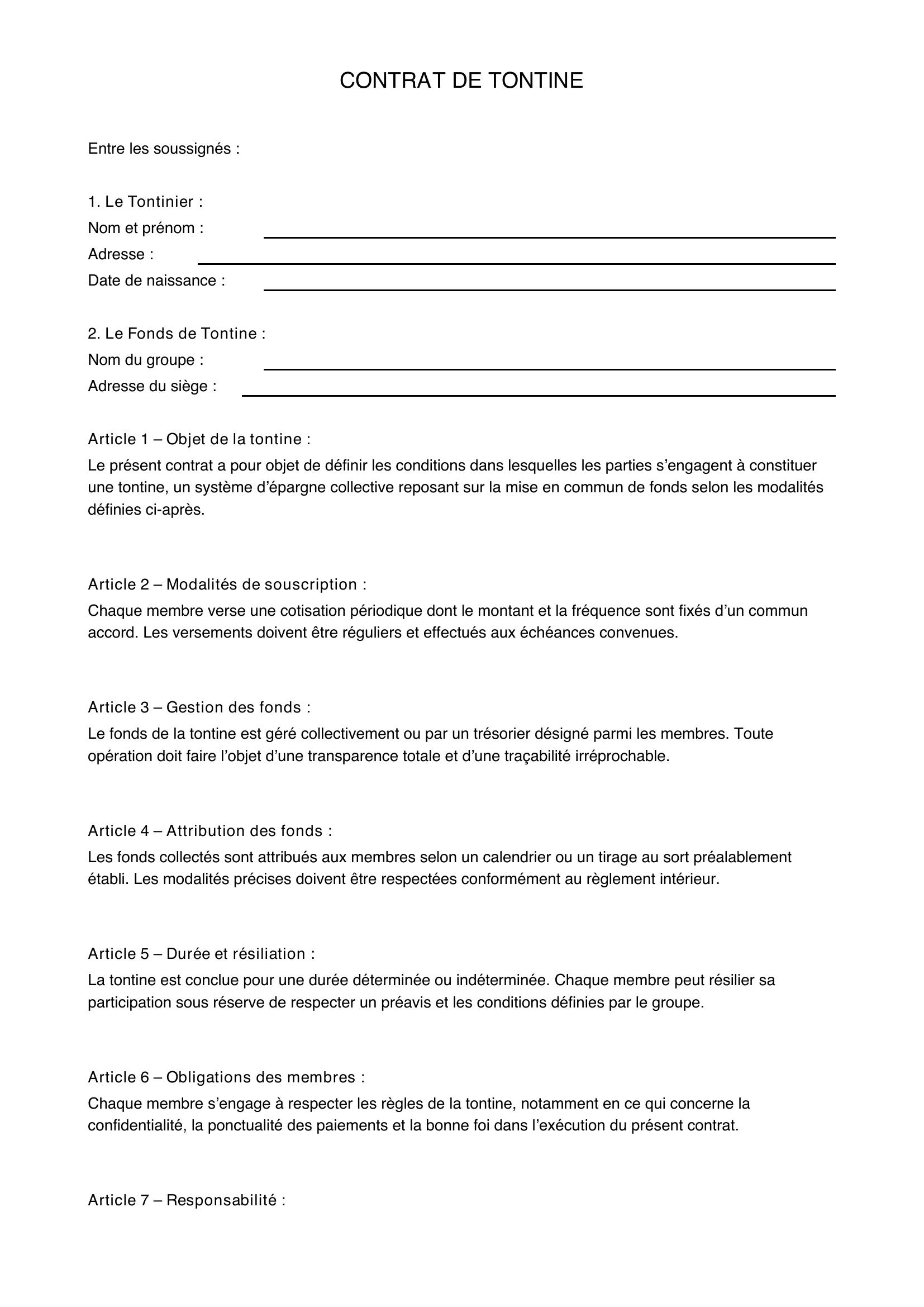 Modèle De Contrat De Tontine