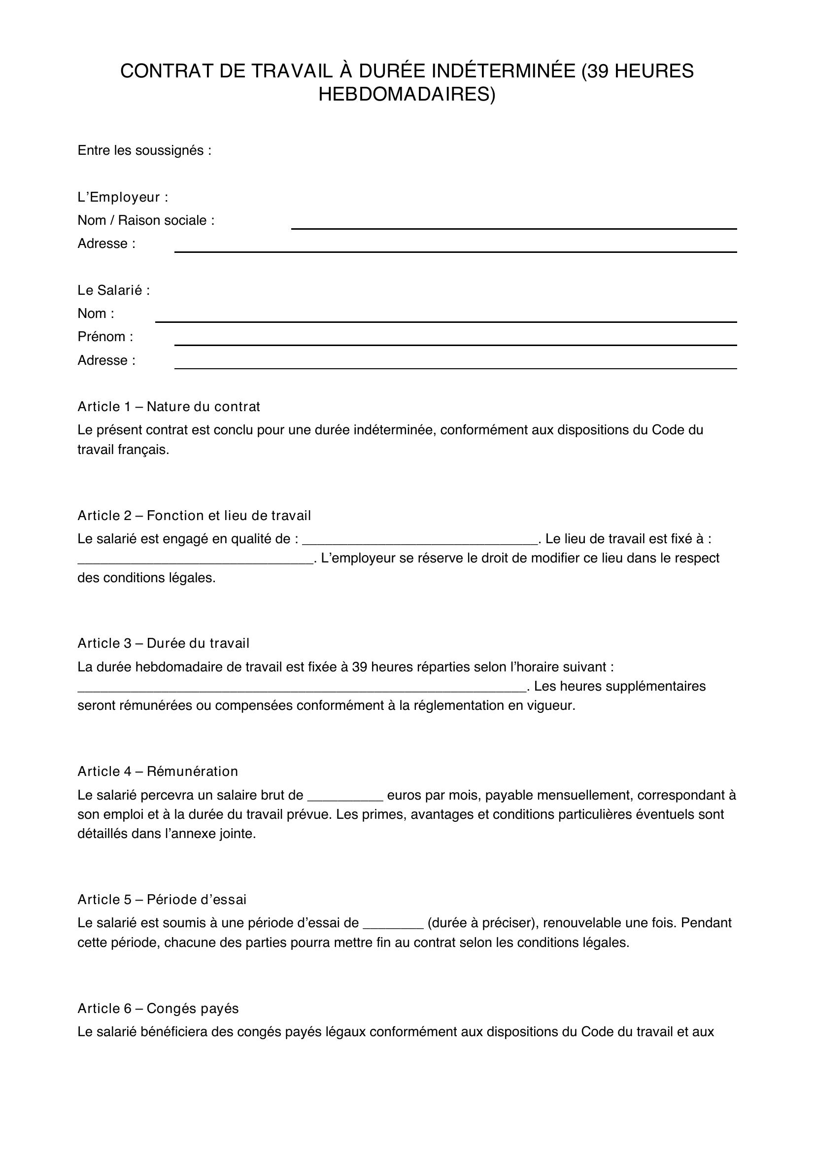 Modèle Contrat De Travail 39 Heures