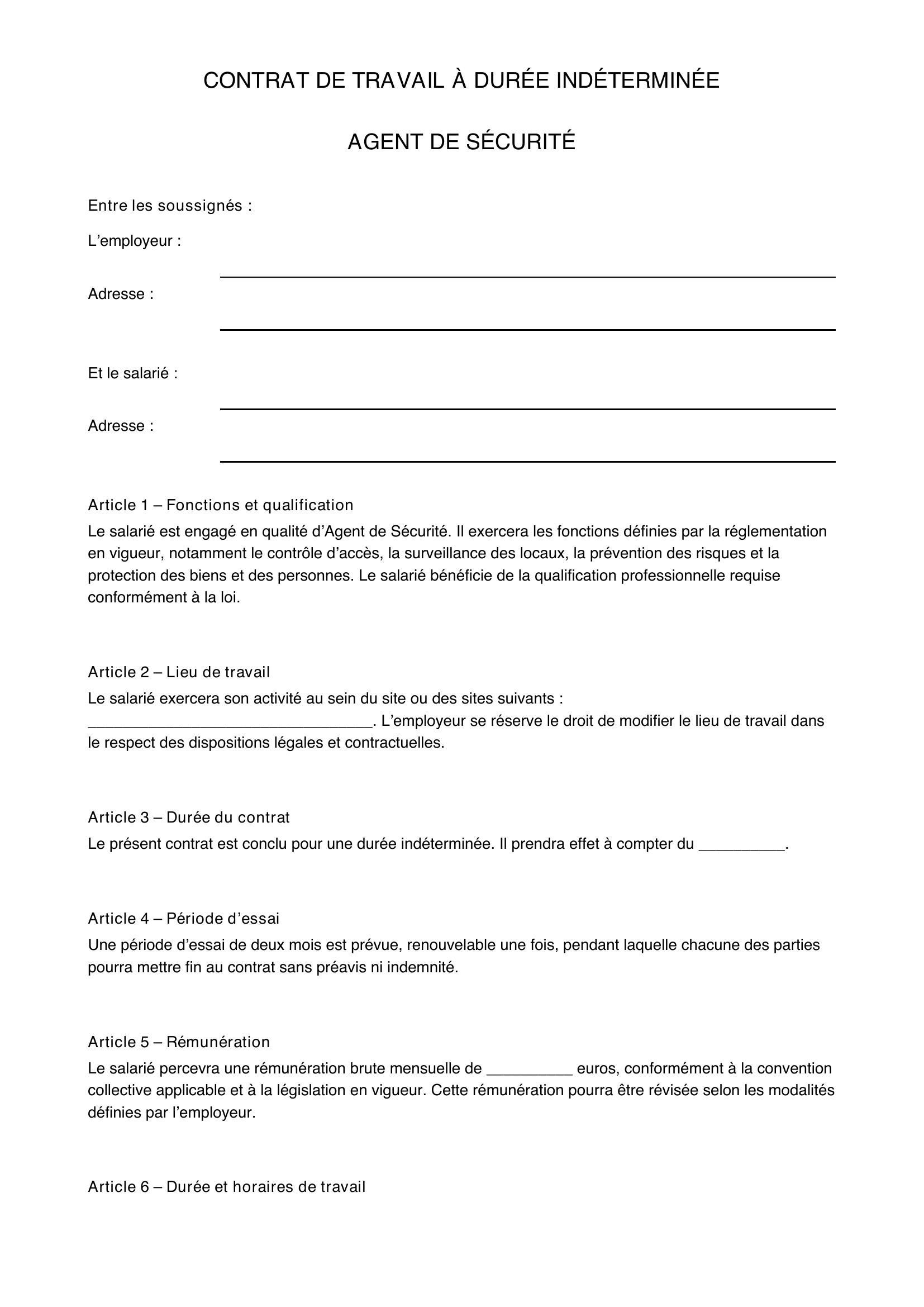 Modèle Contrat De Travail Agent De Sécurité