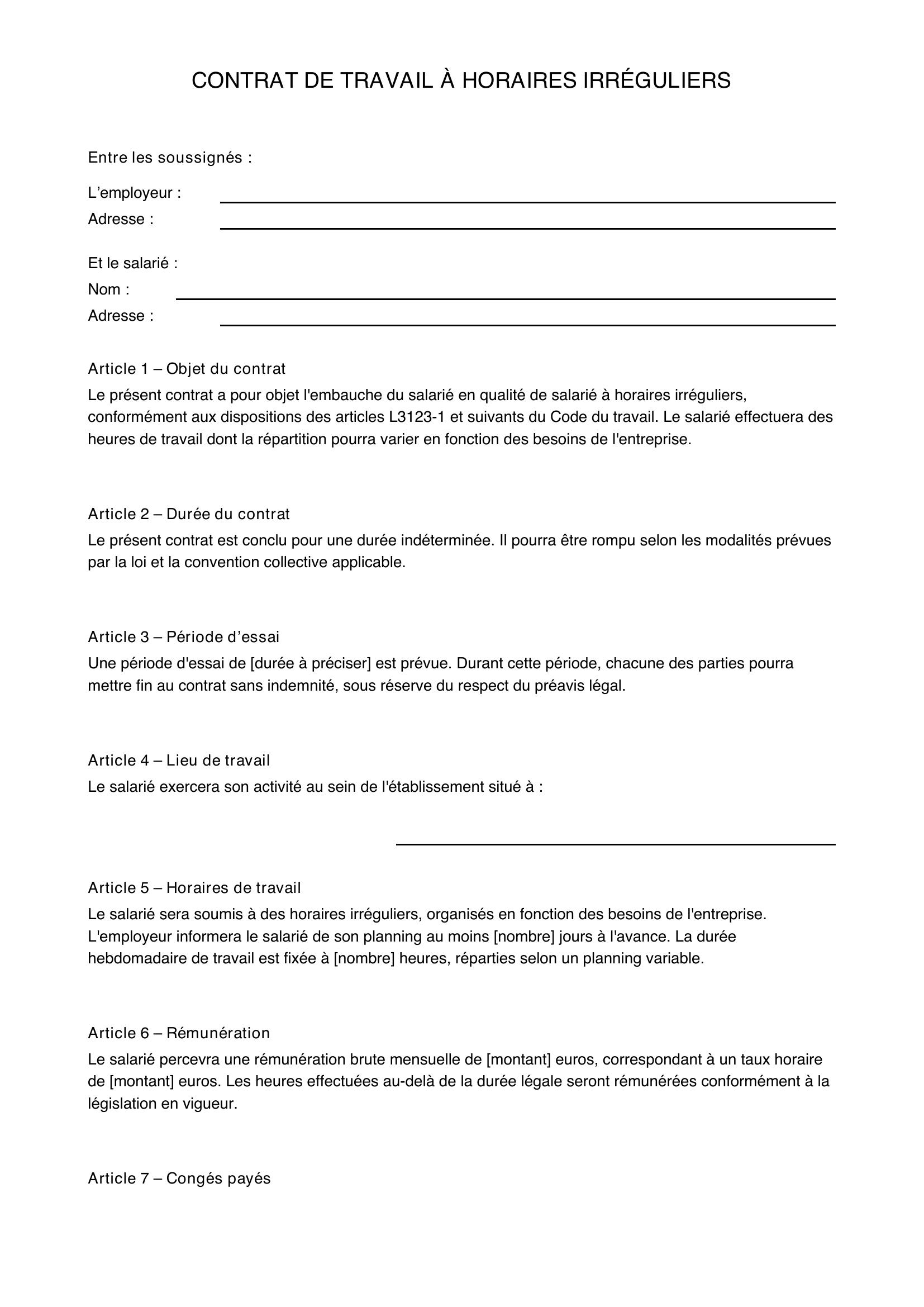 Modèle De Contrat De Travail Avec Horaires Irréguliers