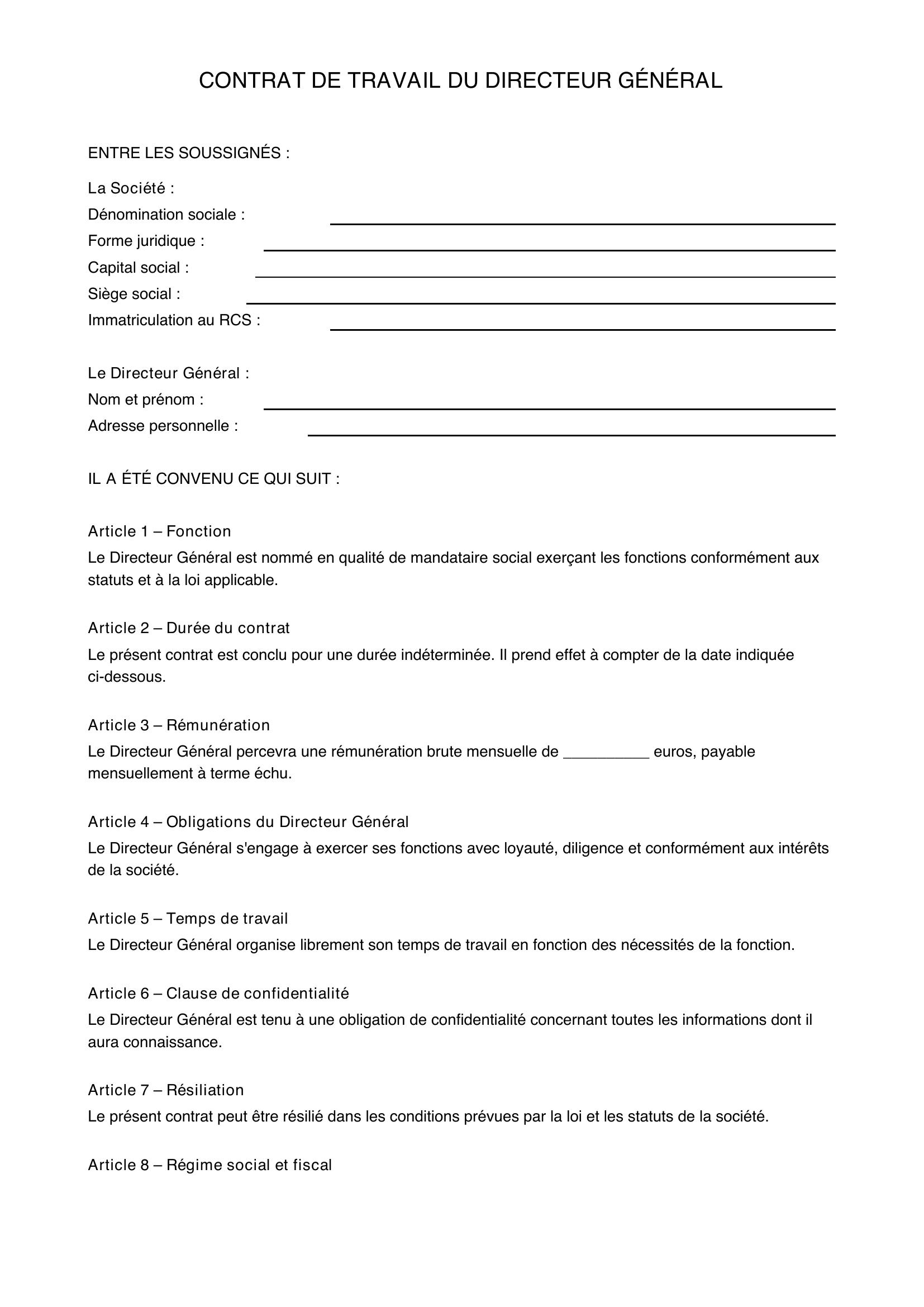 Contrat De Travail Directeur Général