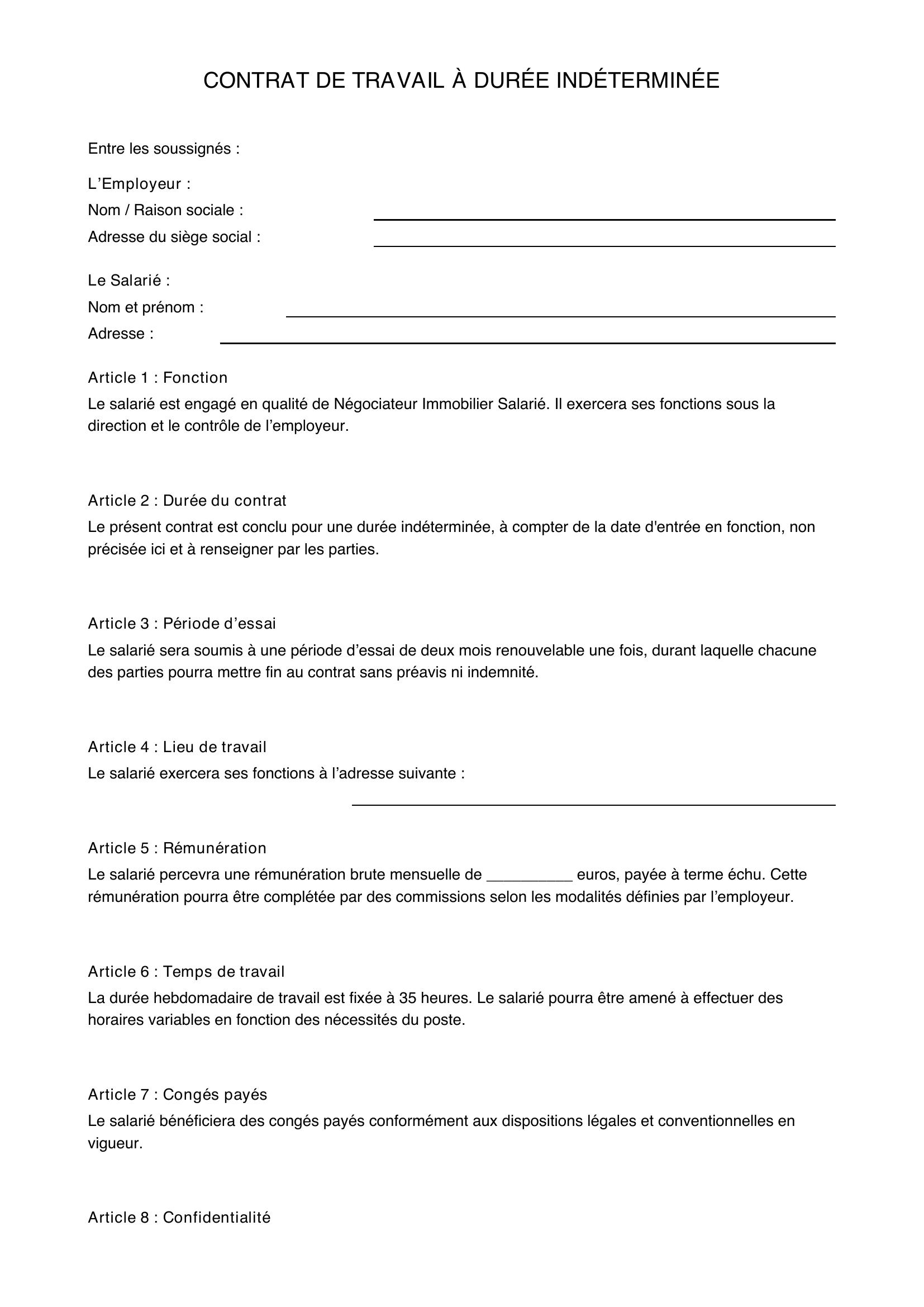 Modèle Contrat De Travail Négociateur Immobilier Salarié