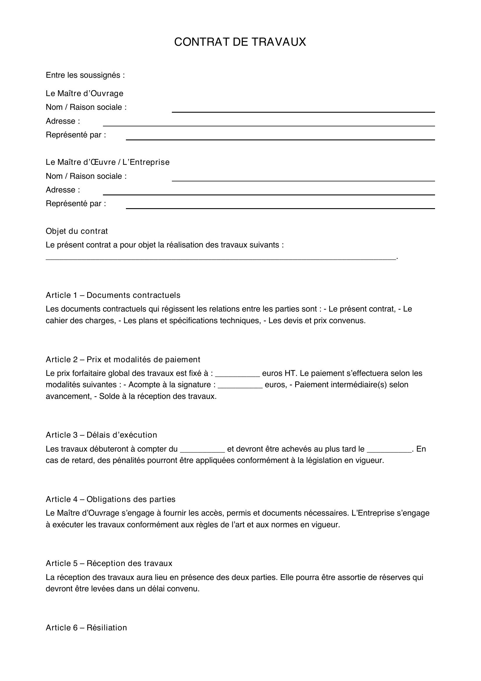 Modèle De Contrat De Travaux