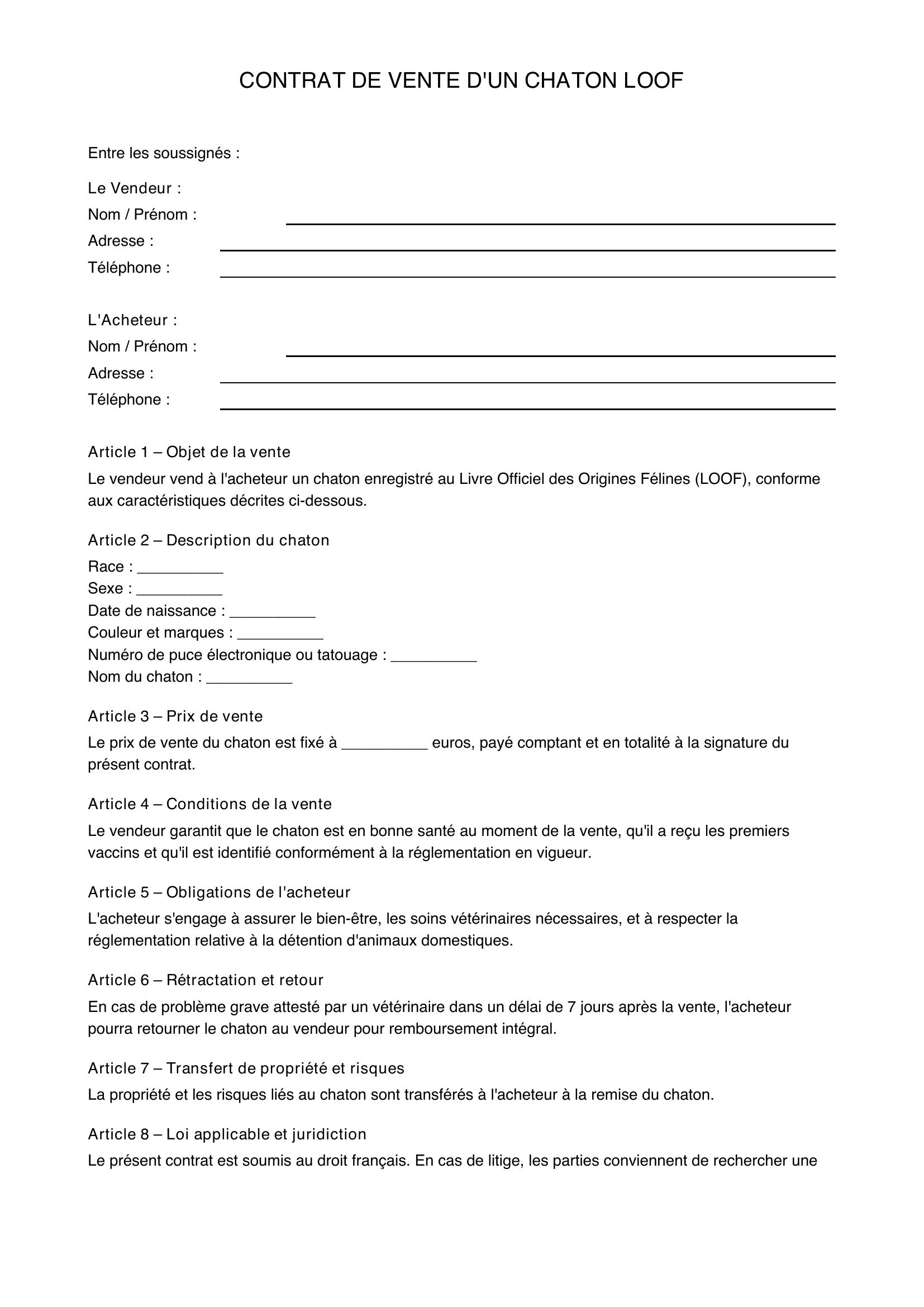 Contrat De Vente Chaton Loof