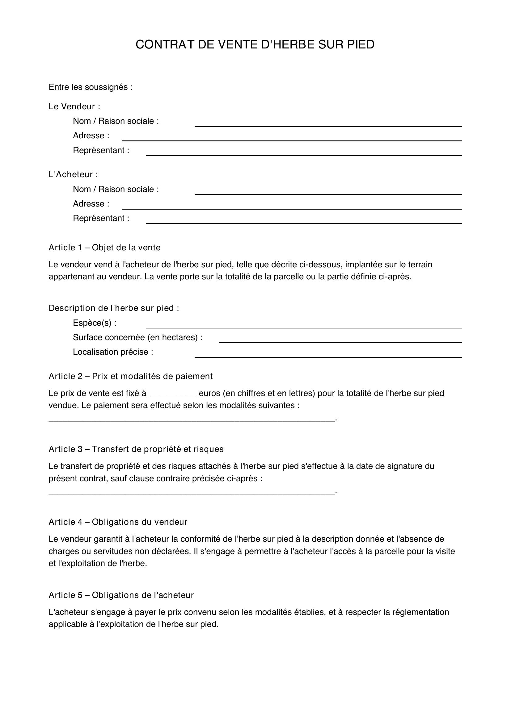 Modele Contrat De Vente D'Herbe Sur Pied