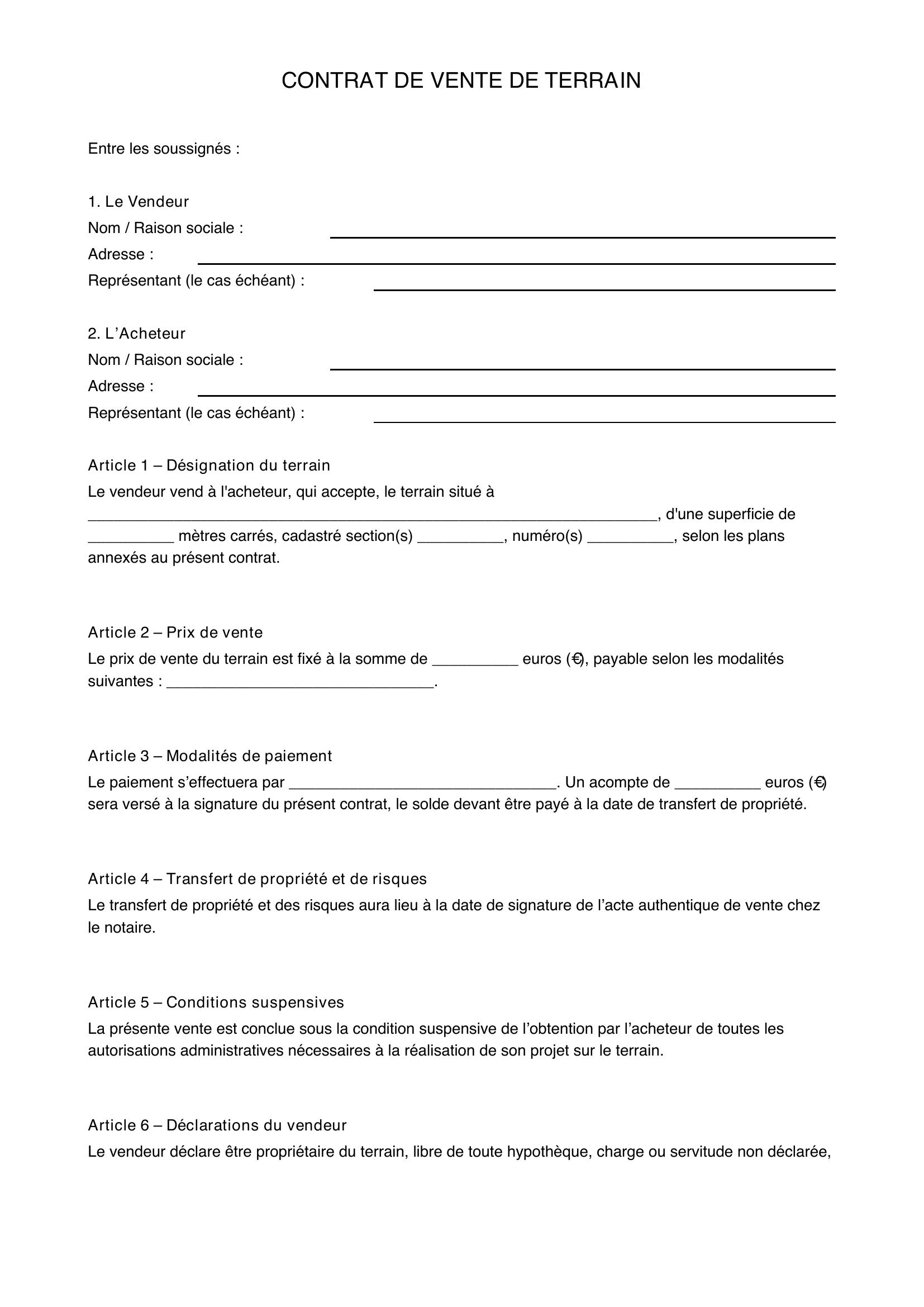 Modèle De Contrat De Vente De Terrain