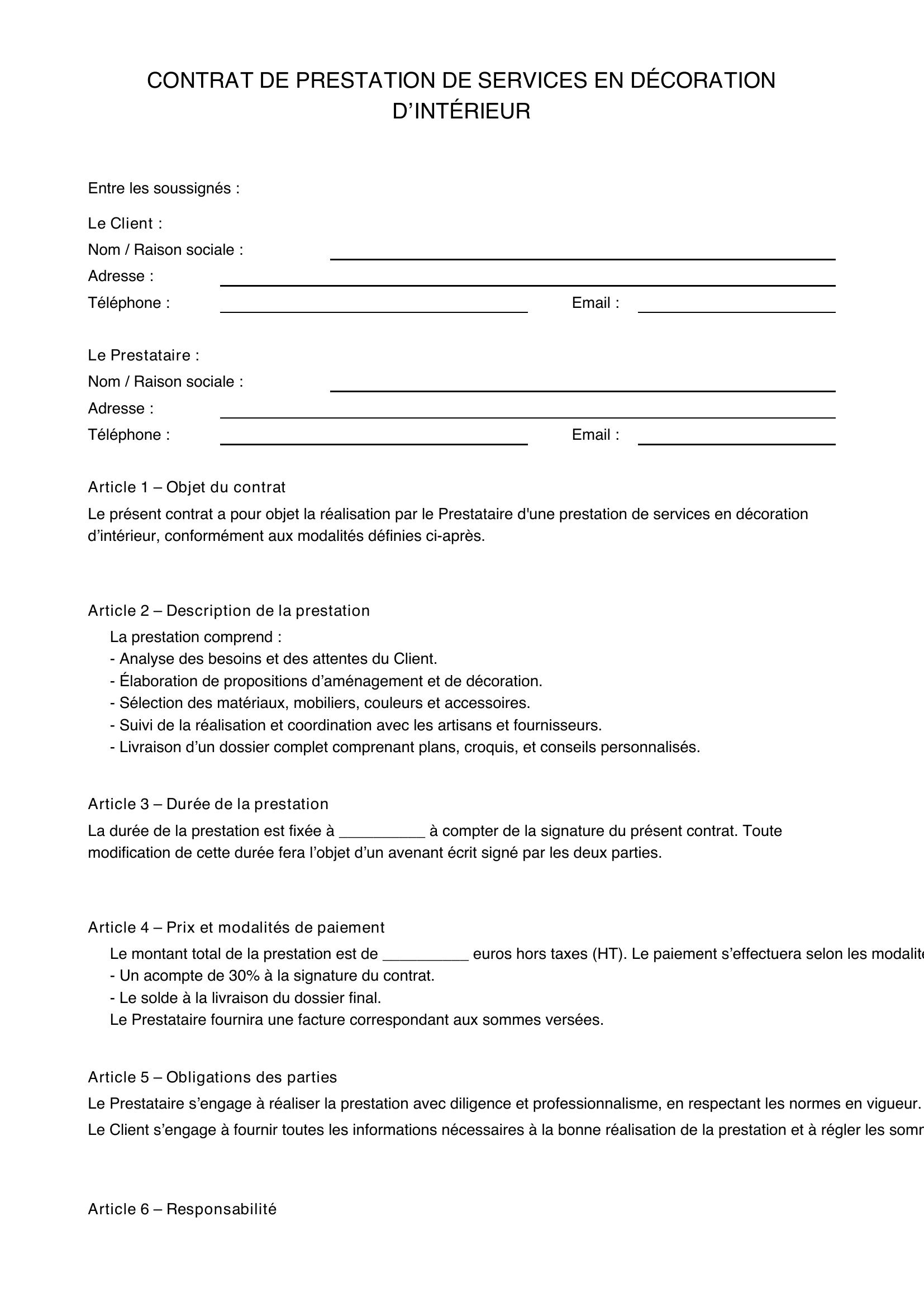 Modèle Contrat Décoration D'Intérieur