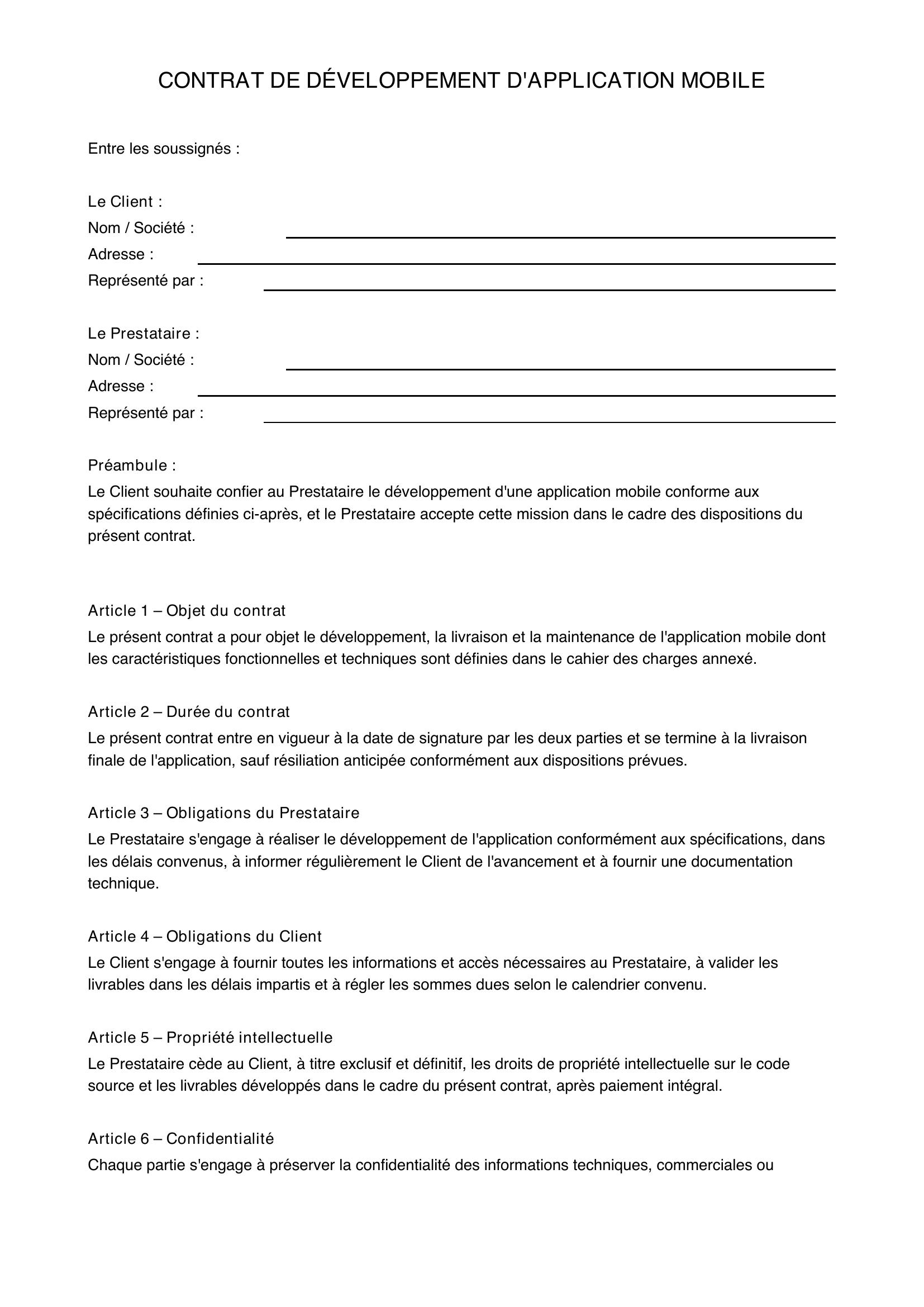 Modèle Contrat Développement Application Mobile