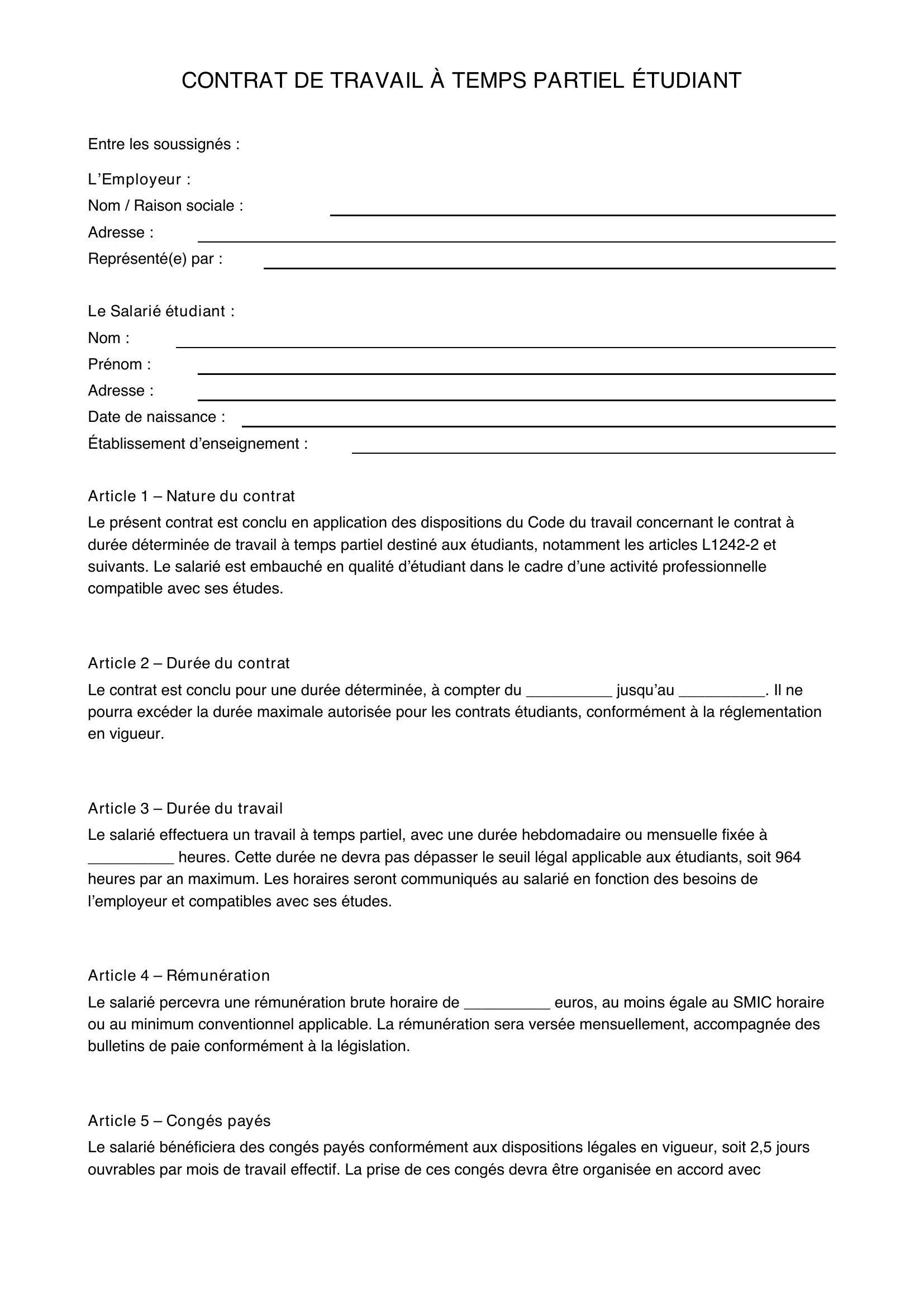 Modèle Contrat Étudiant Temps Partiel