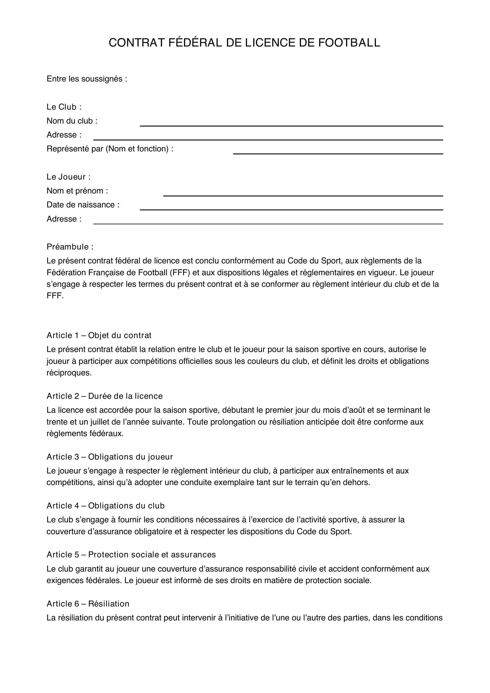 Modèle Contrat Fédéral Football