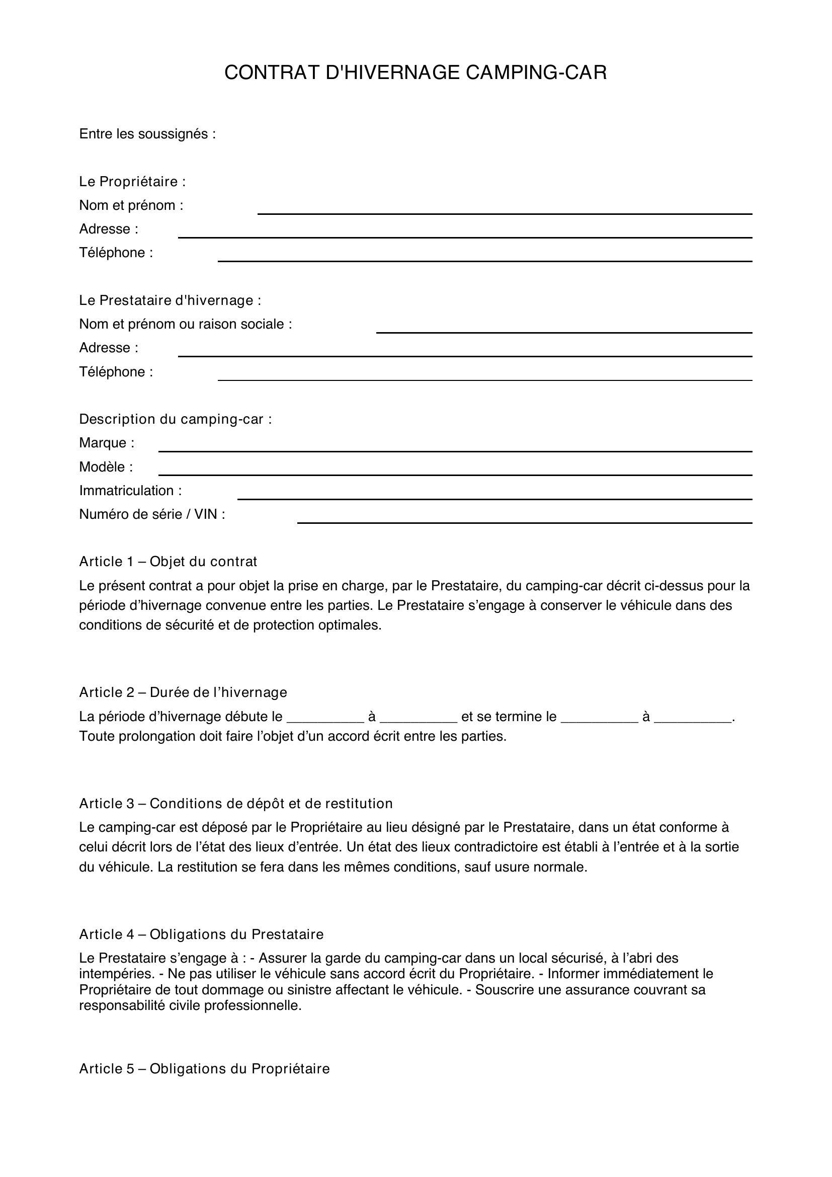 Modèle Contrat Hivernage Camping-Car