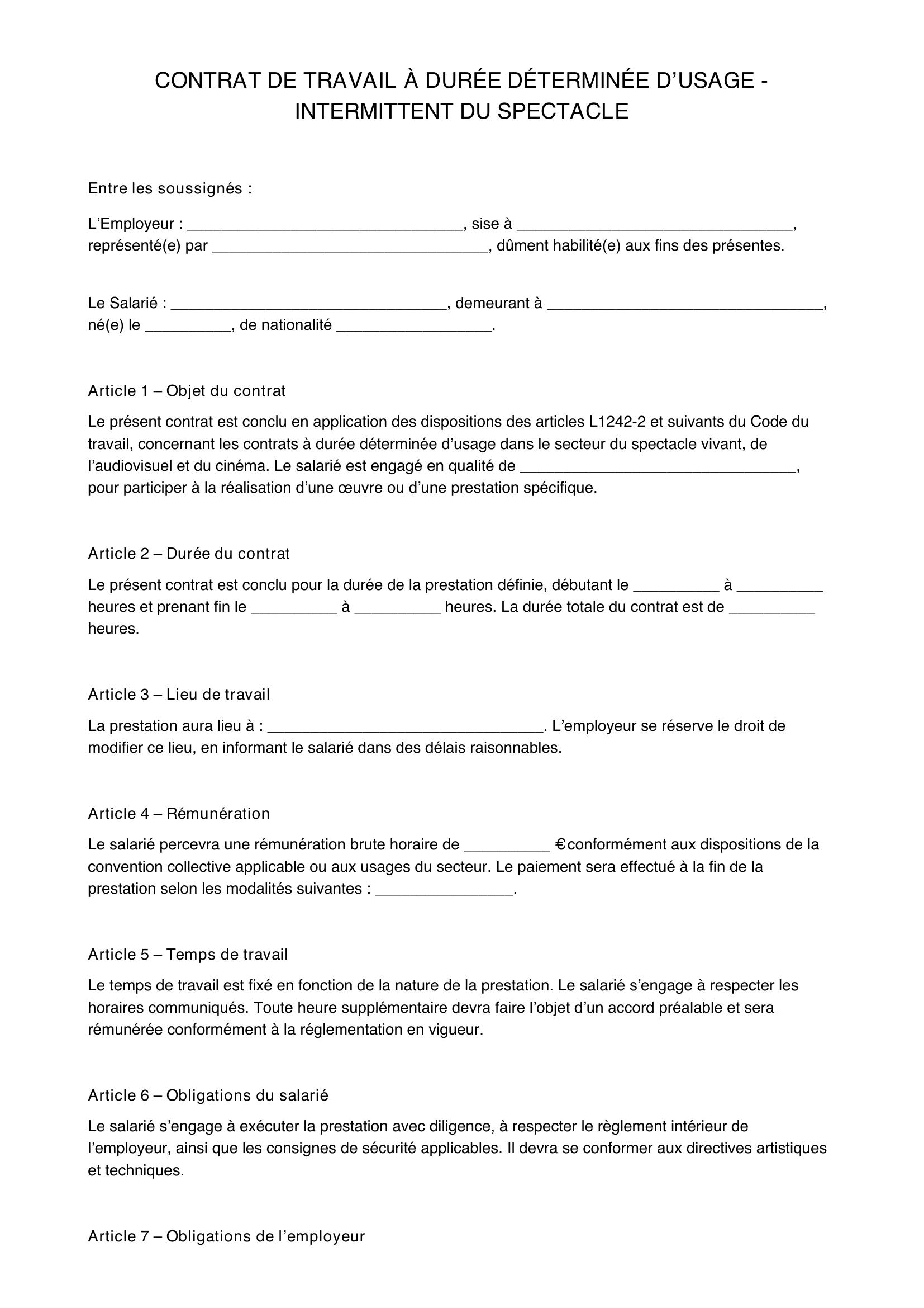 Modèle Contrat Intermittent Du Spectacle