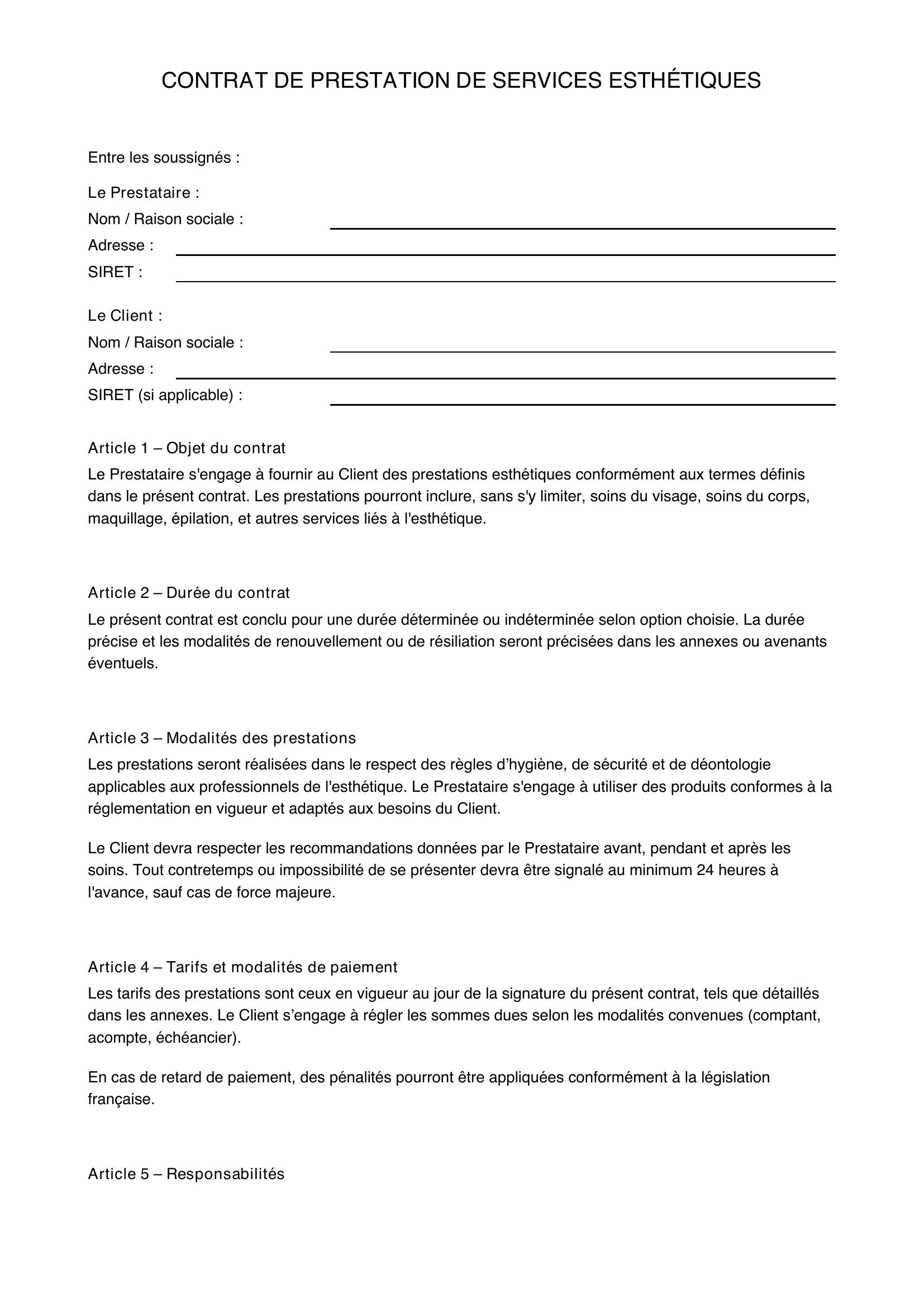 Modèle Contrat Lance Esthétique