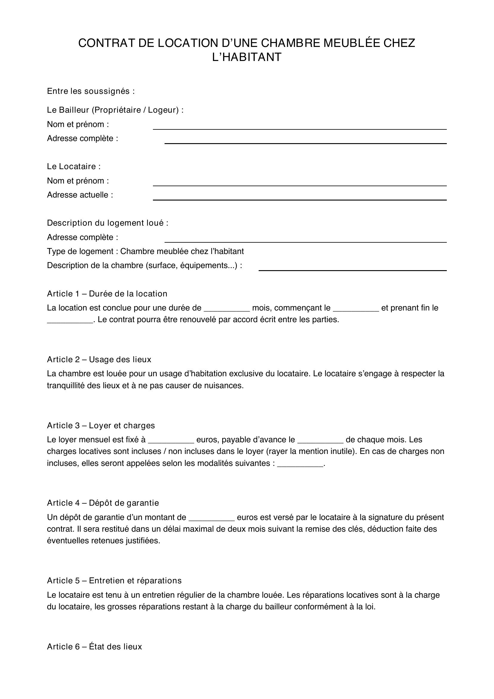Modèle Contrat Location Chambre Meublée Chez L'Habitant