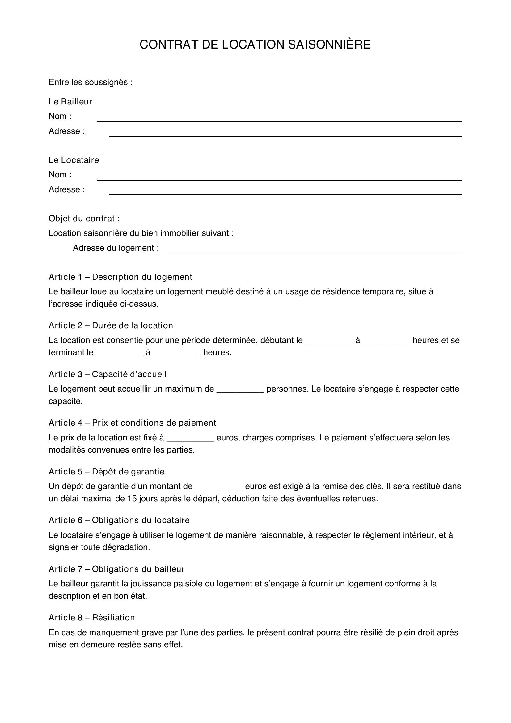 Modèle Contrat Location Saisonnière Airbnb