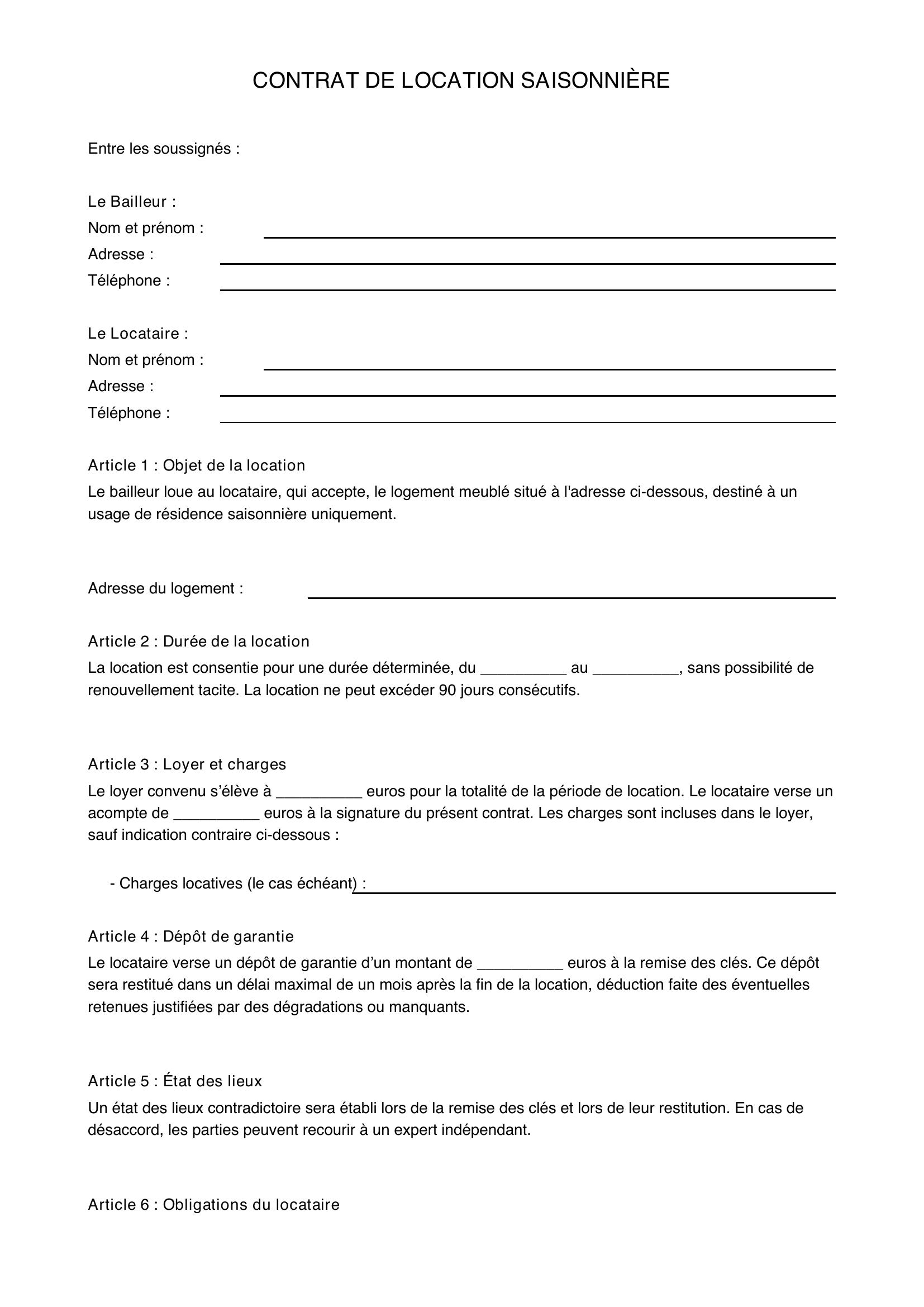 Modèle Contrat Location Saisonnière