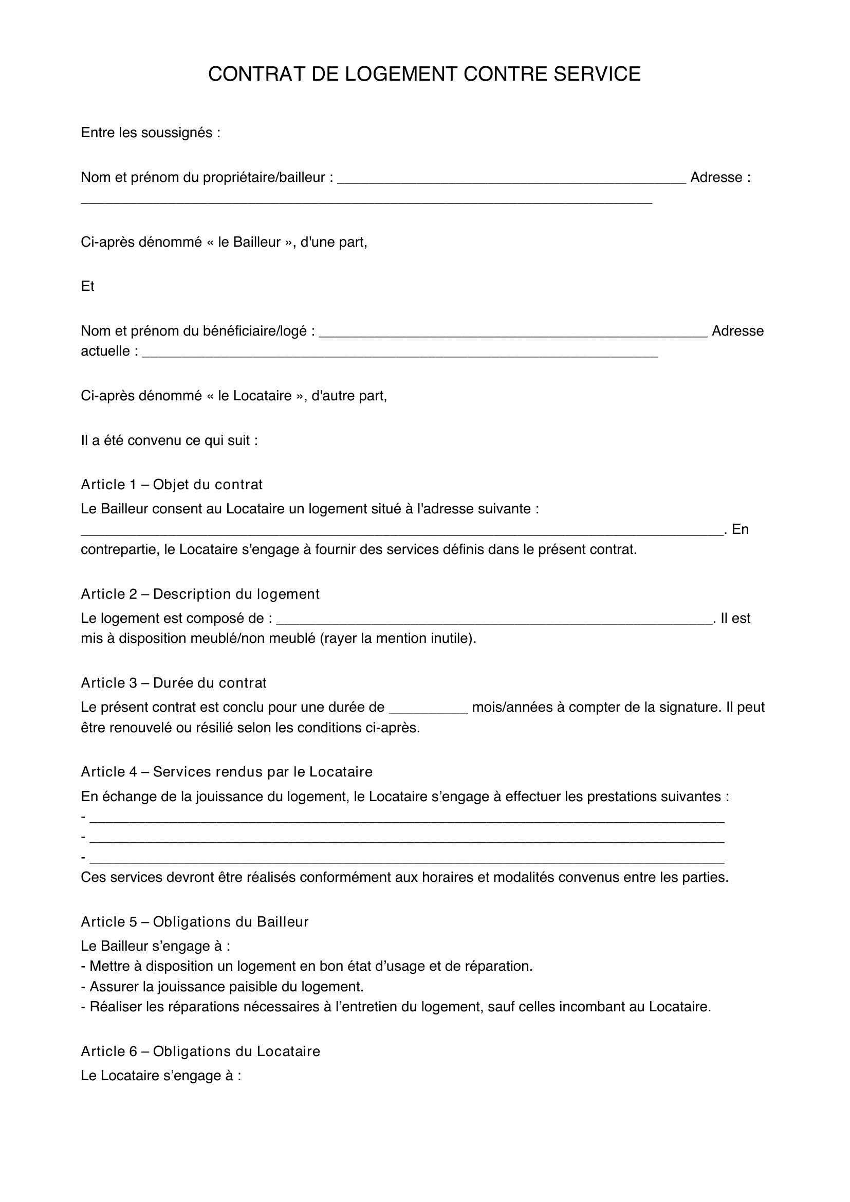 Modèle Contrat Logement Contre Service