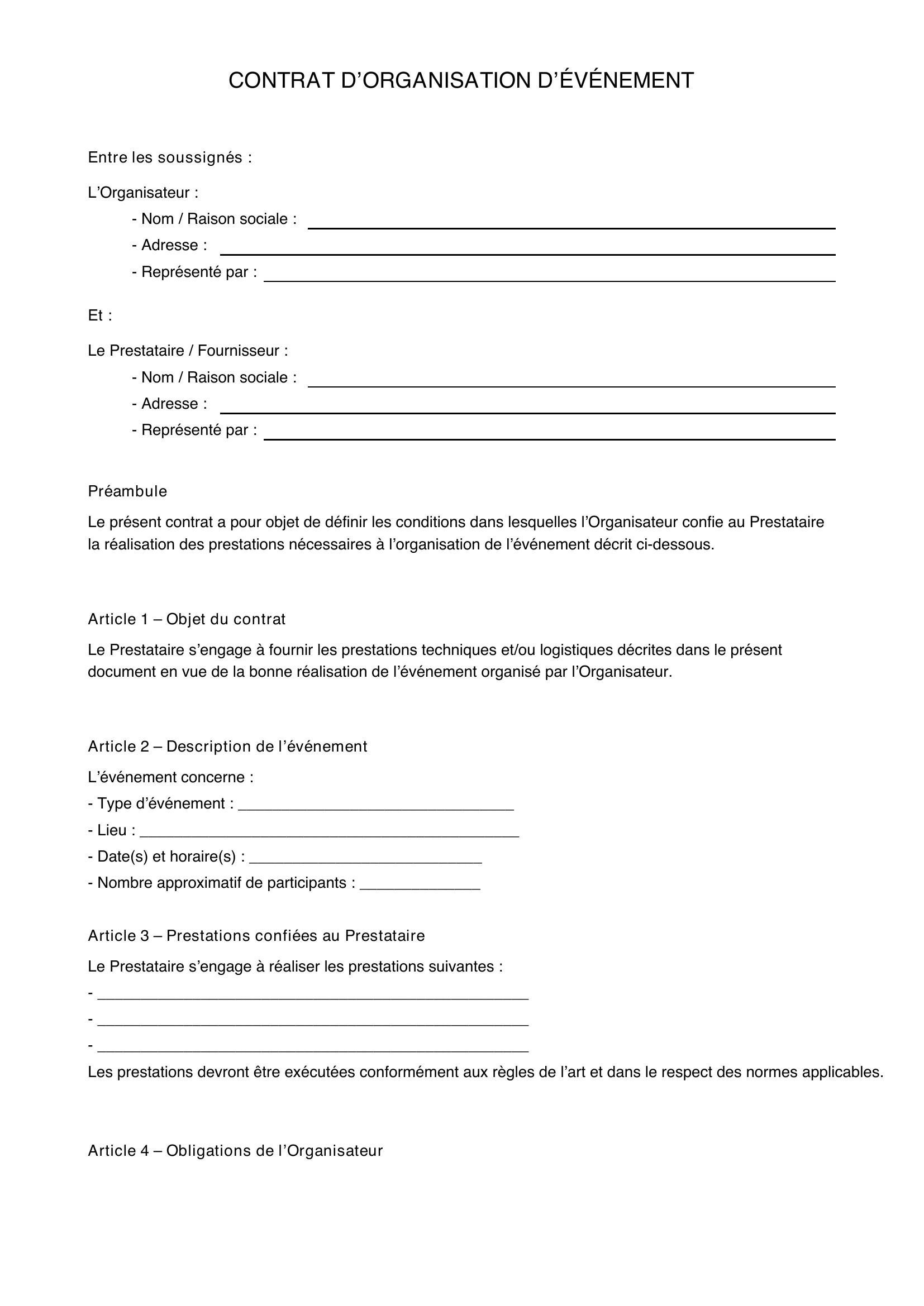 Modèle Contrat Organisation Événement